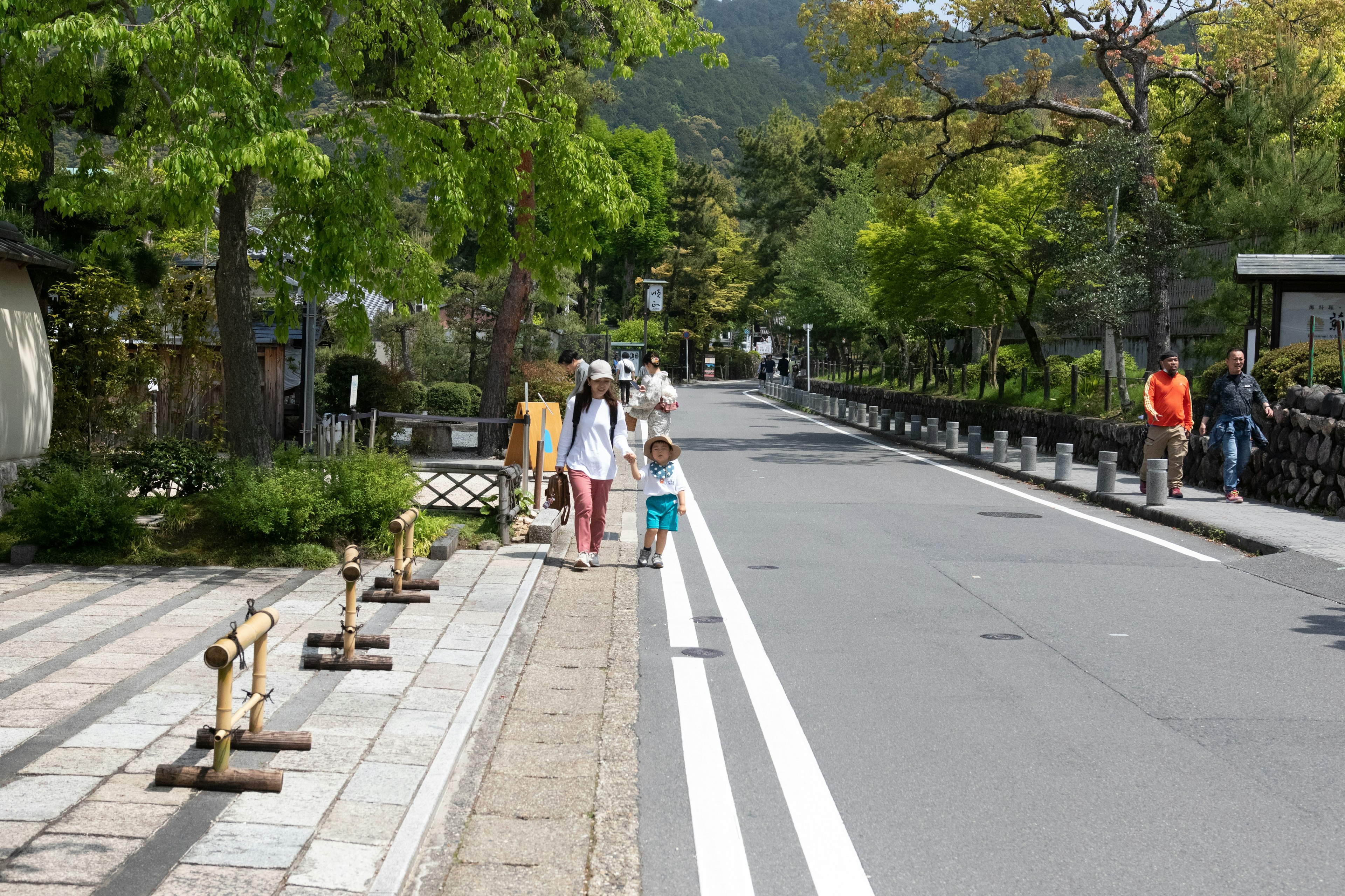 Familia y turistas caminando por una calle tranquila rodeada de árboles verdes