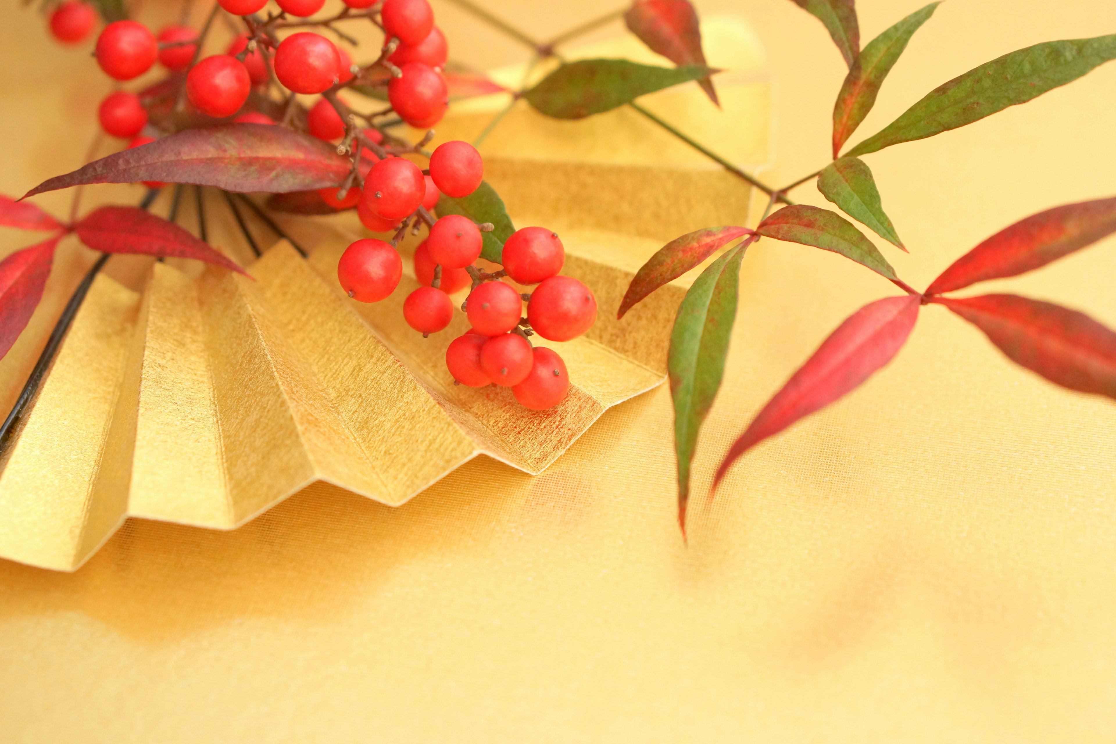 Ein dekorativer Fächer mit roten Beeren und grünen Blättern auf goldenem Hintergrund