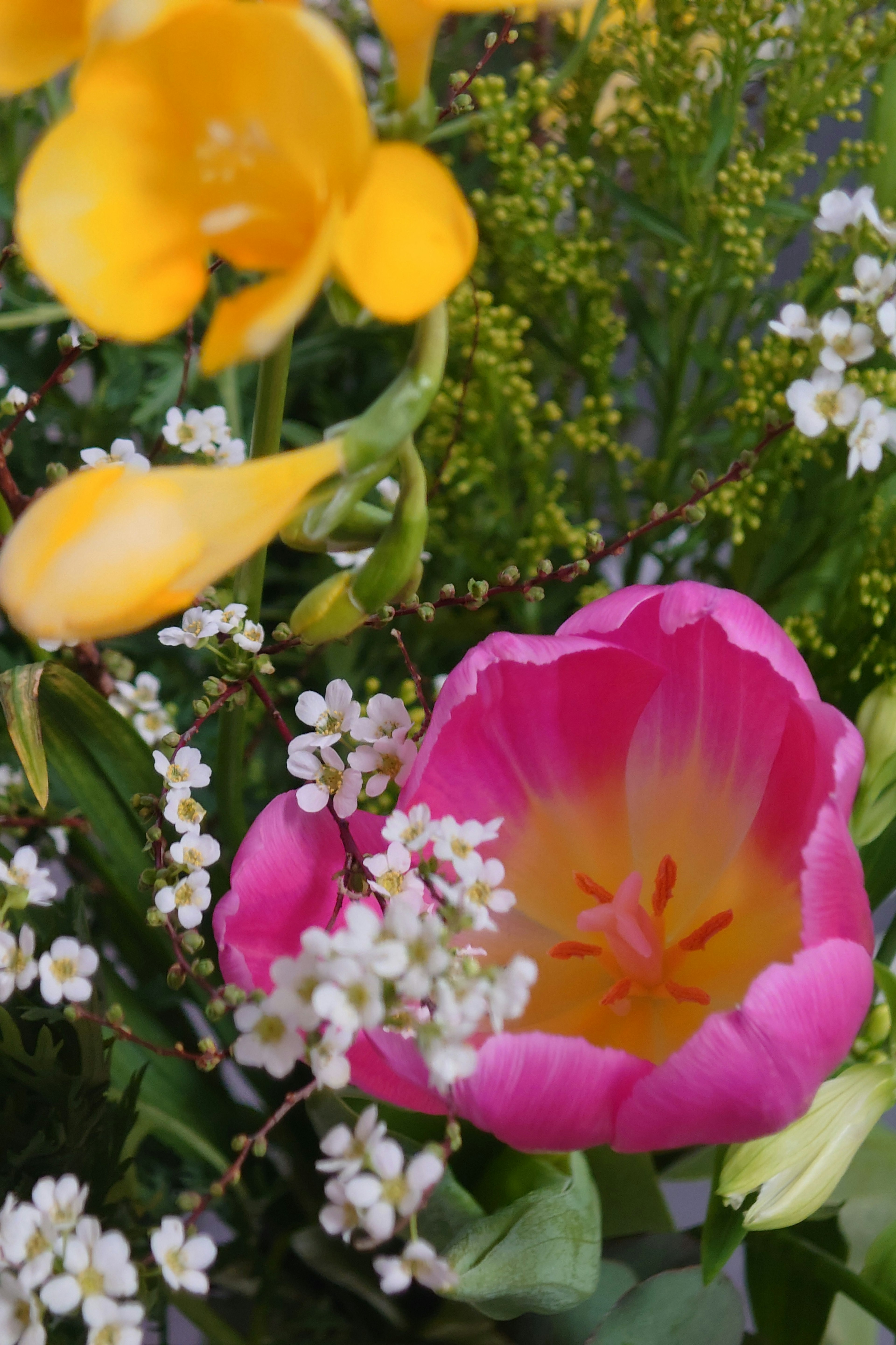 A vibrant bouquet featuring a pink tulip and bright yellow flowers surrounded by greenery