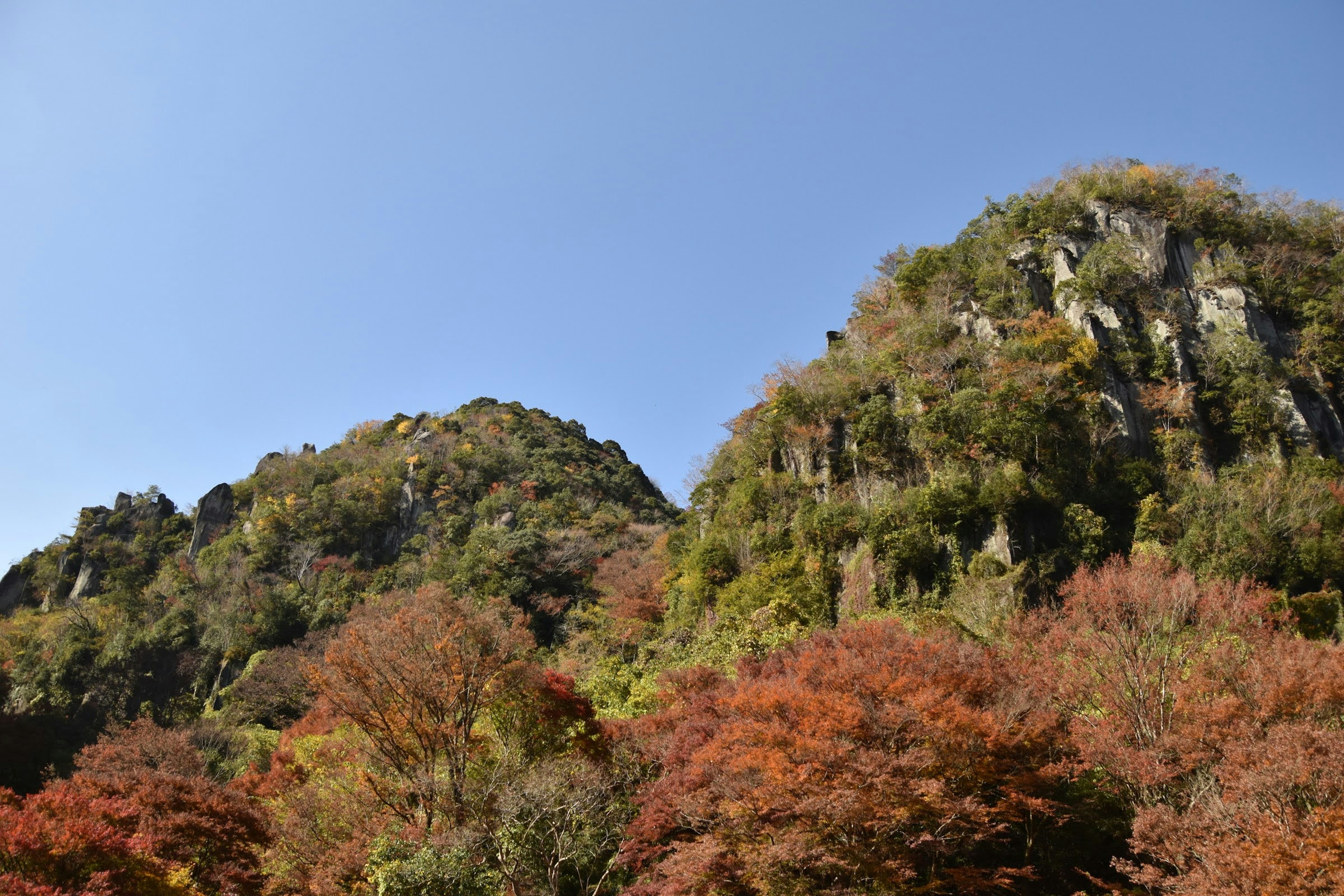 Scenic view of mountains surrounded by colorful autumn foliage