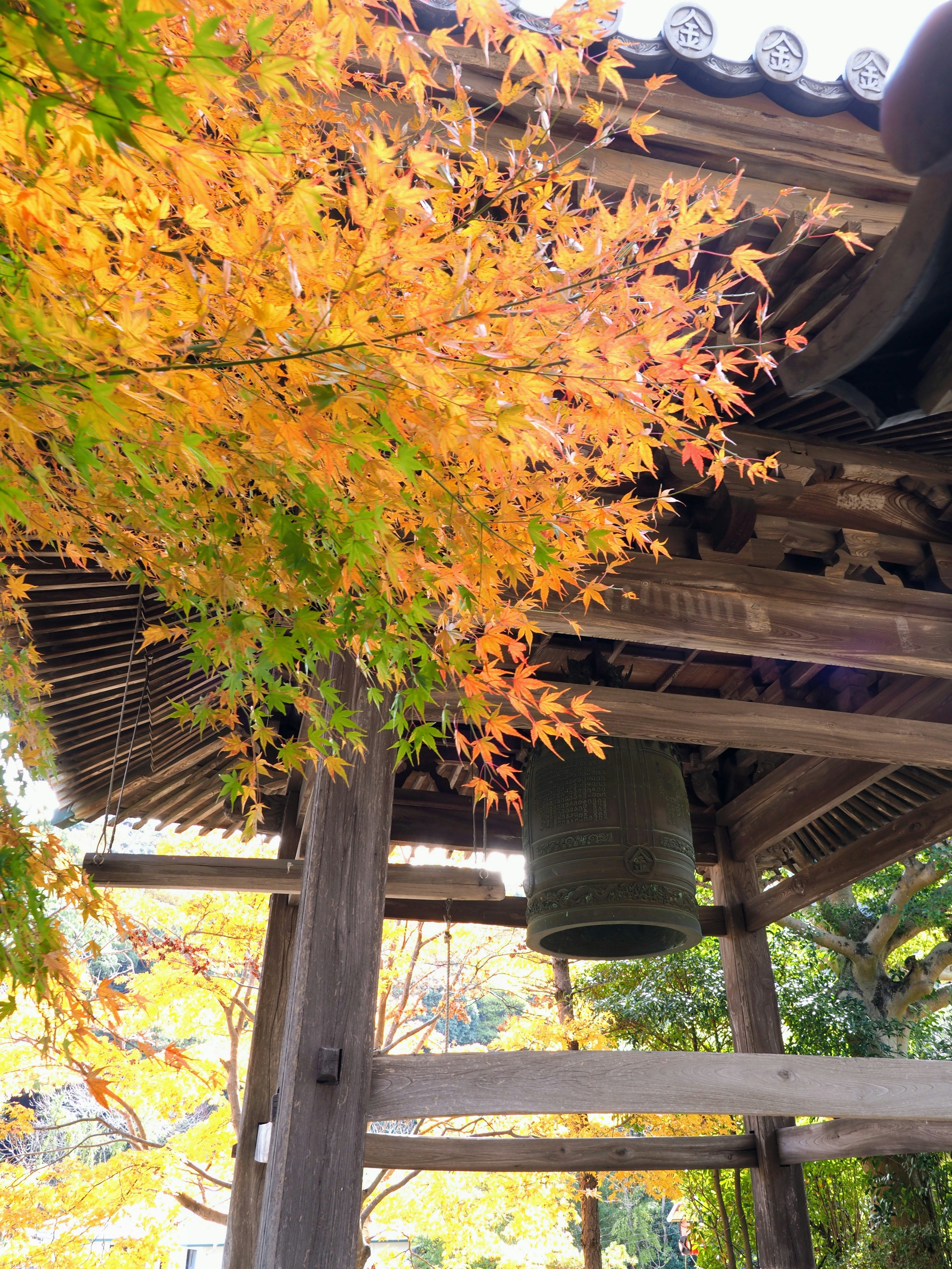 Feuilles d'automne avec une cloche de temple dans un cadre serein