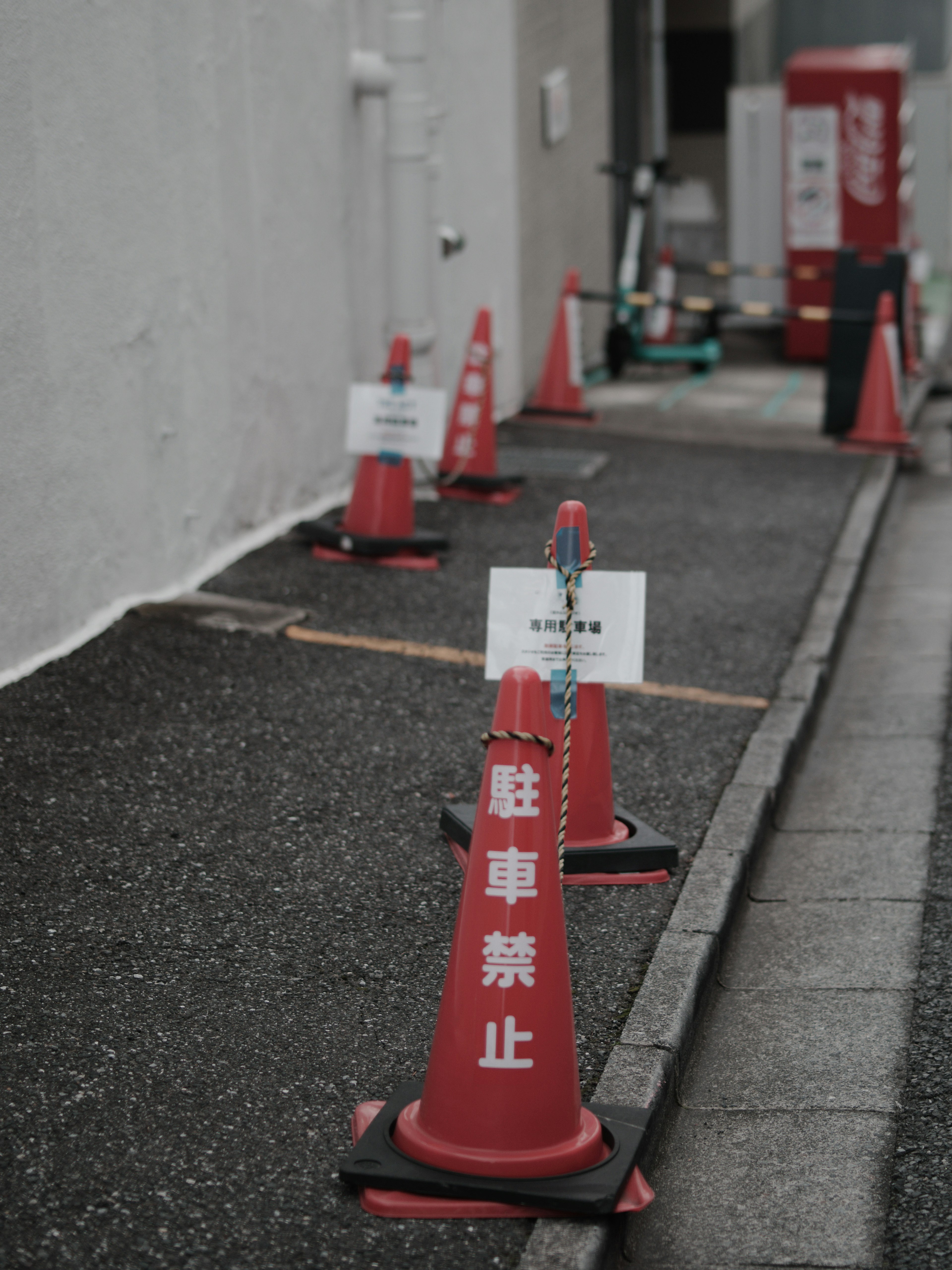 Rangée de cônes de circulation rouges sur un chemin pavé avec des panneaux d'avertissement