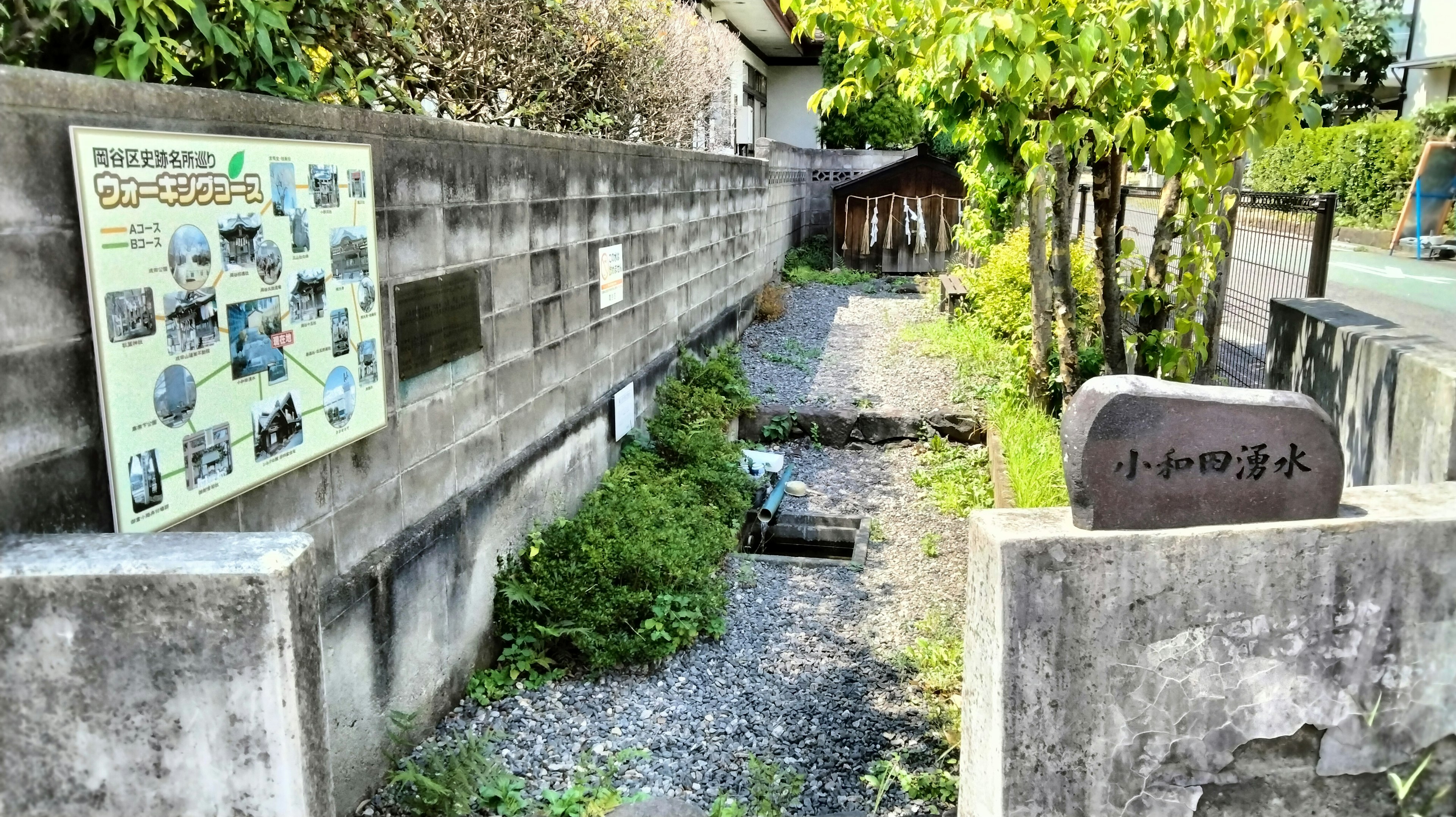 A serene pathway with an informational sign and greenery