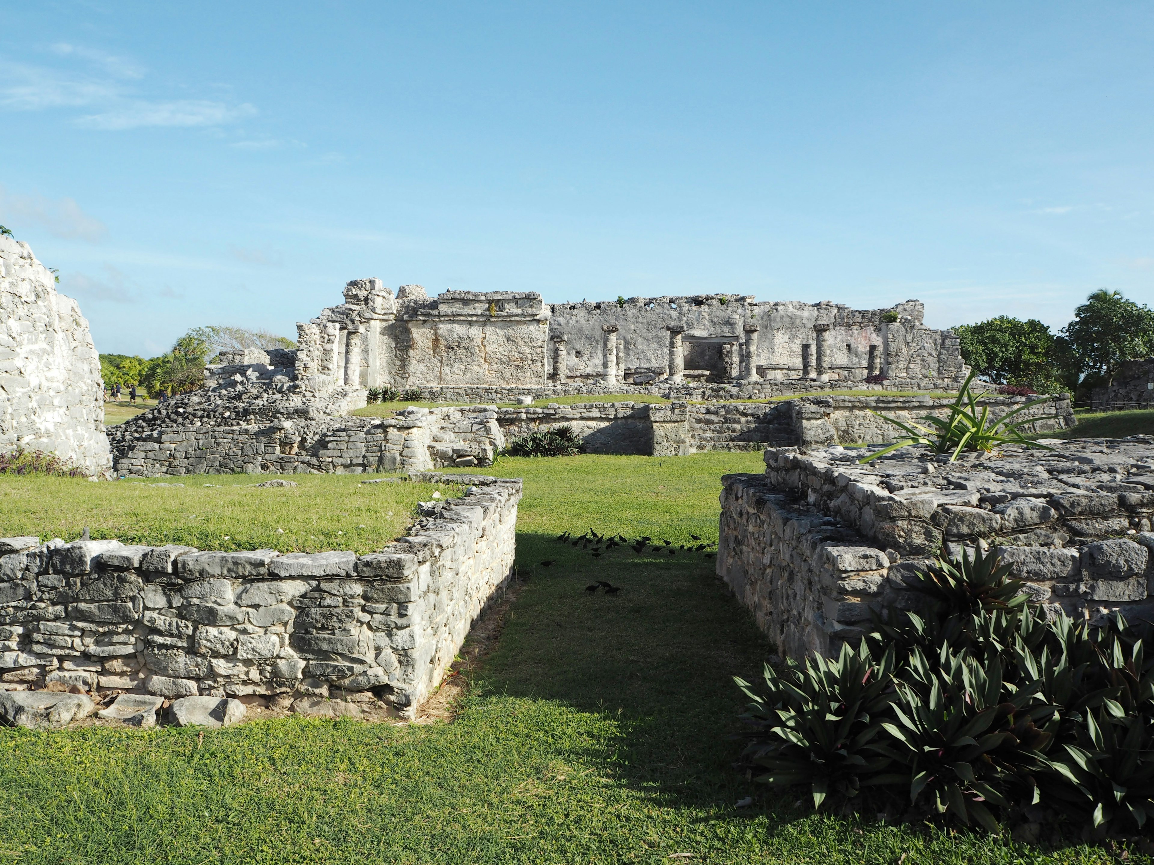 Ruinas antiguas en un paisaje verde Estructuras de piedra y área de césped