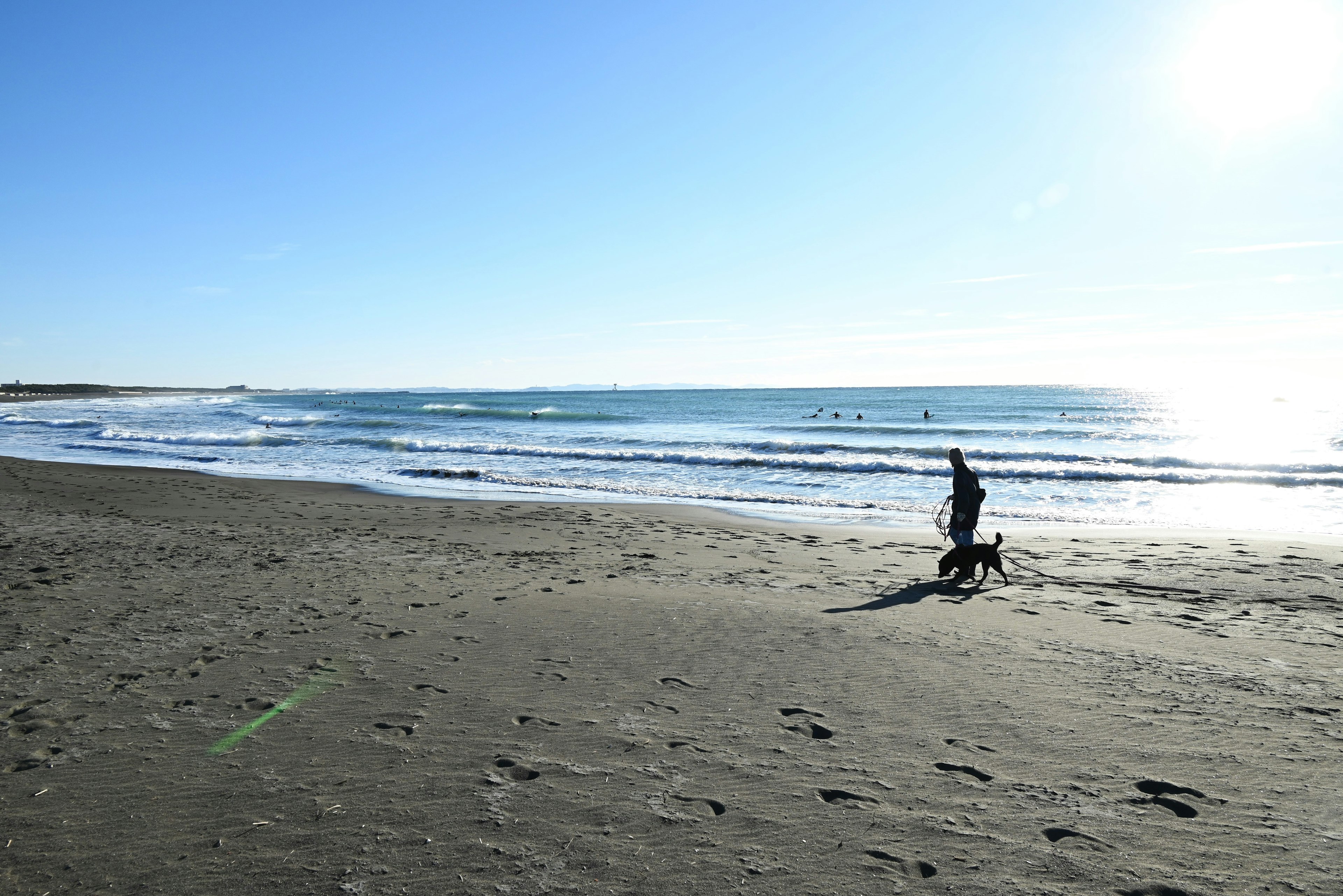 Person walking a dog on the beach