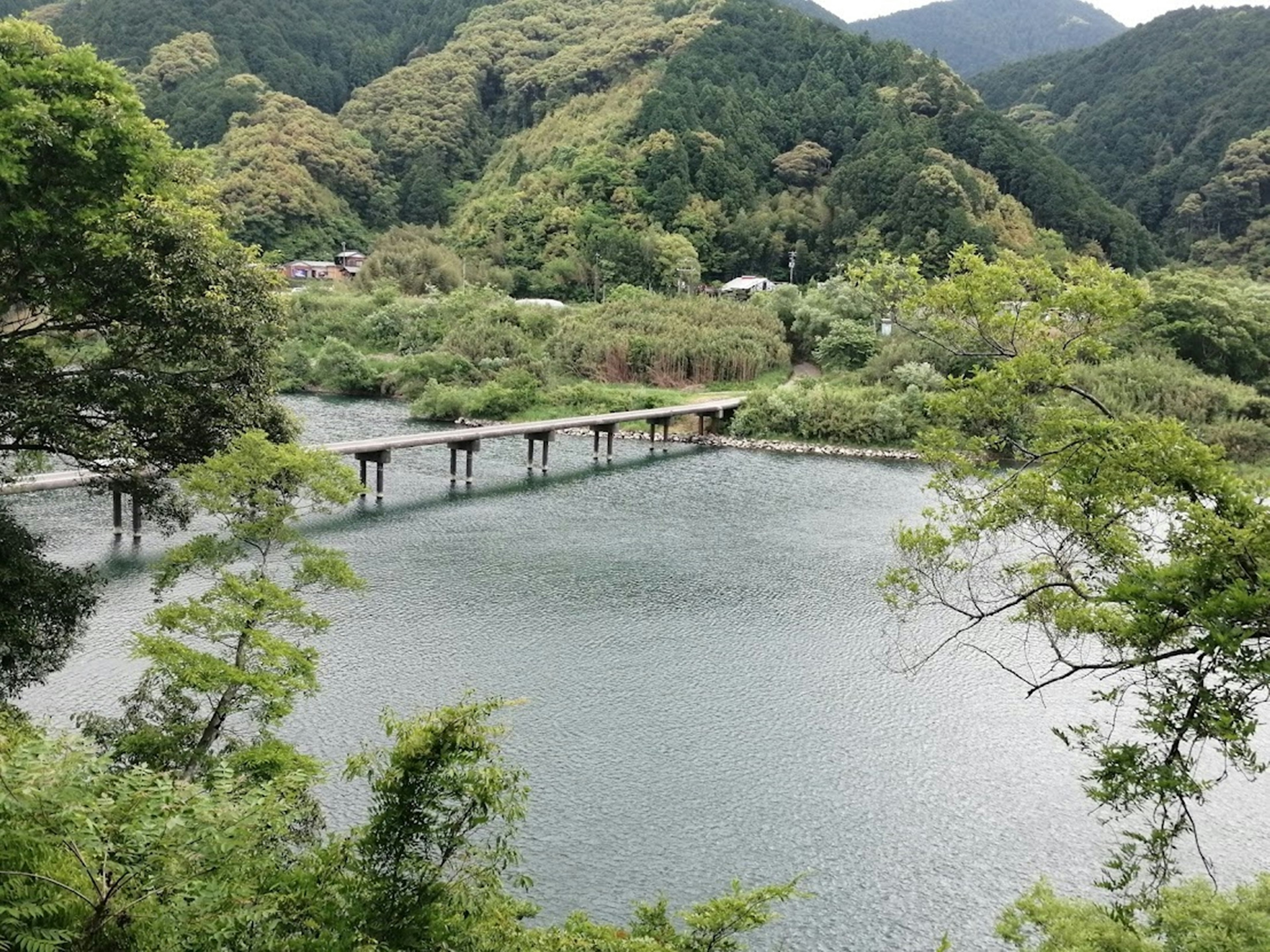 무성한 산들로 둘러싸인 고요한 호수와 나무 다리