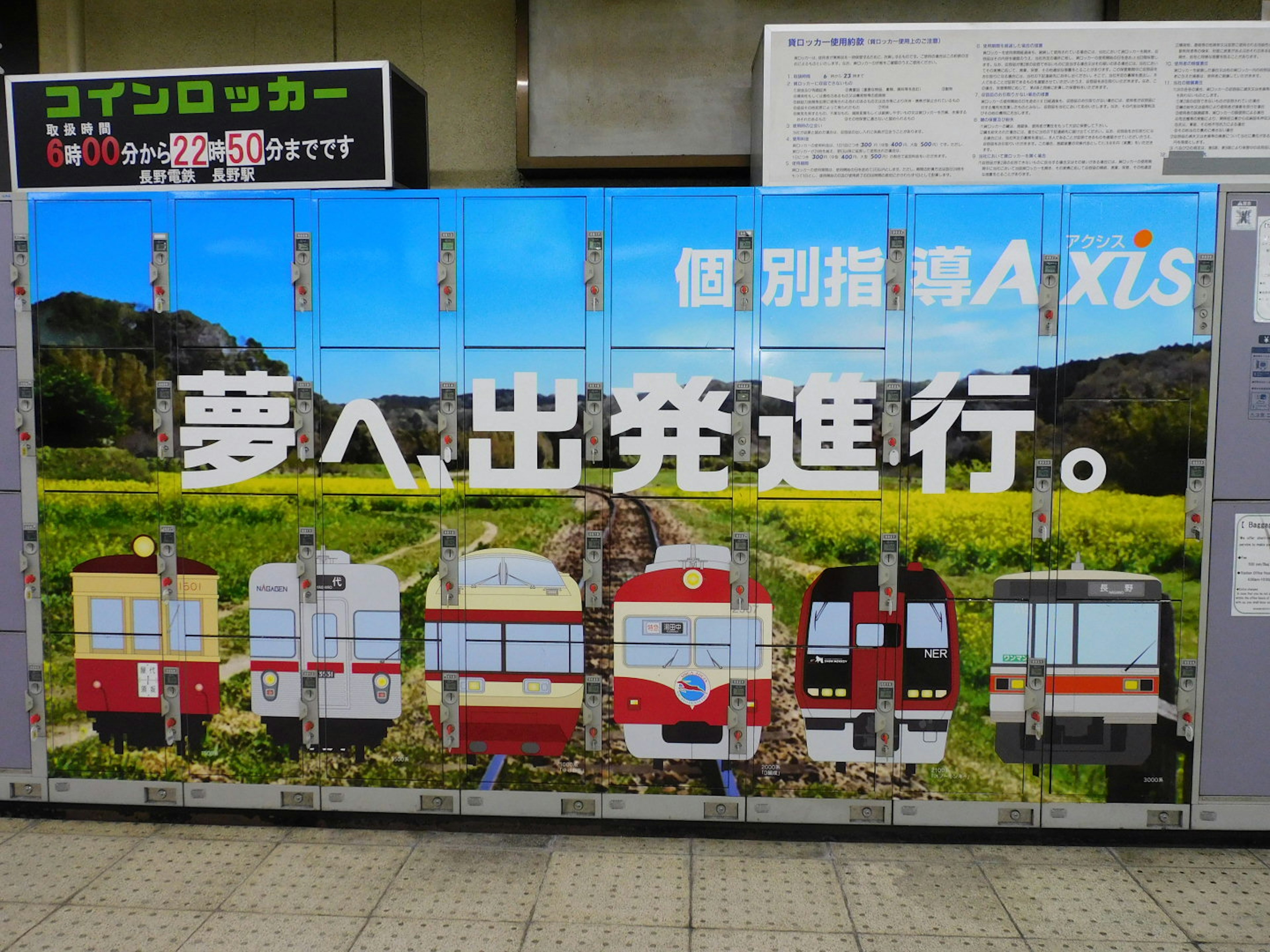 Colorful train designs on a station locker with a scenic background