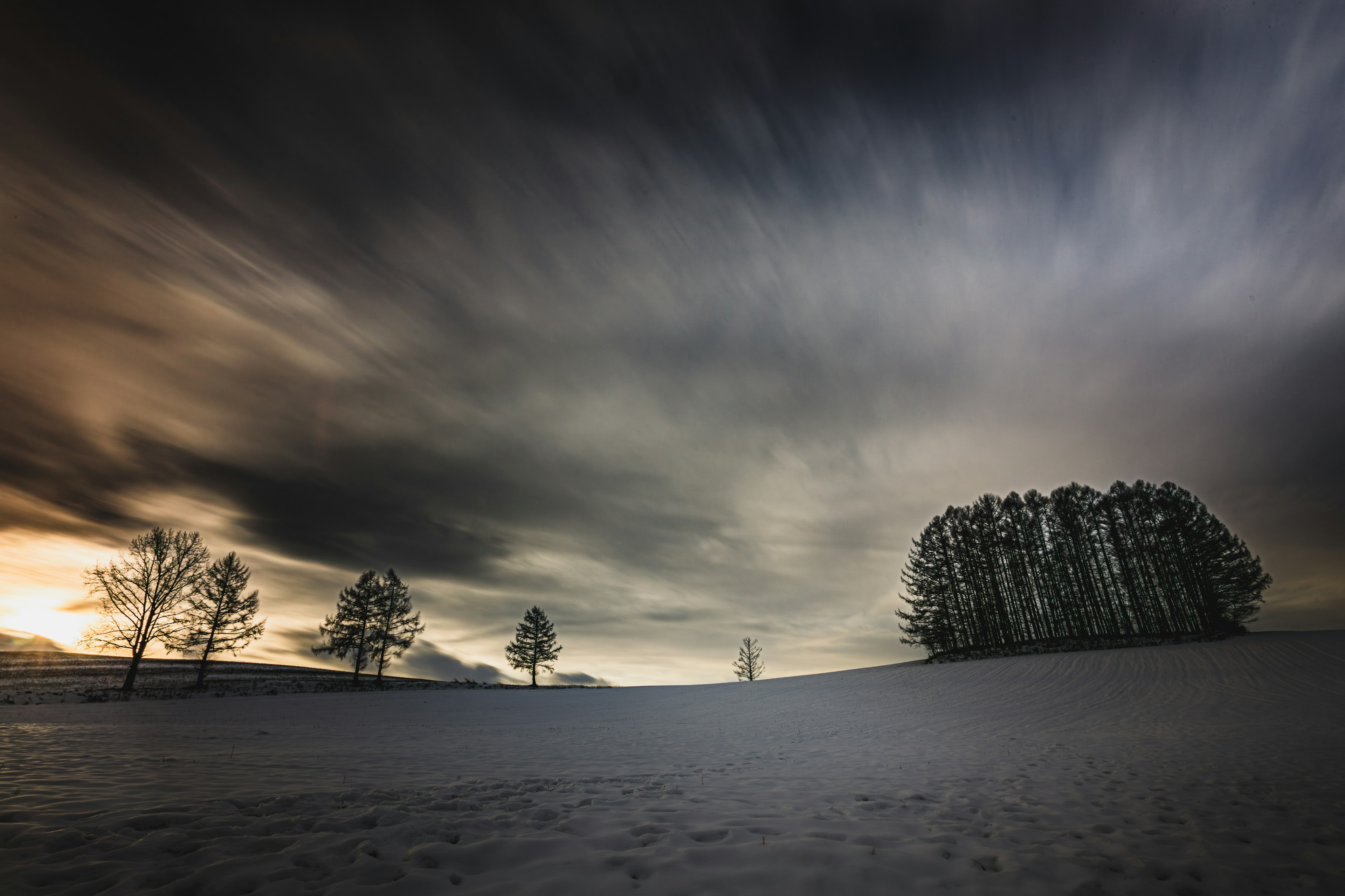 Snow-covered landscape with dark clouds and silhouetted trees