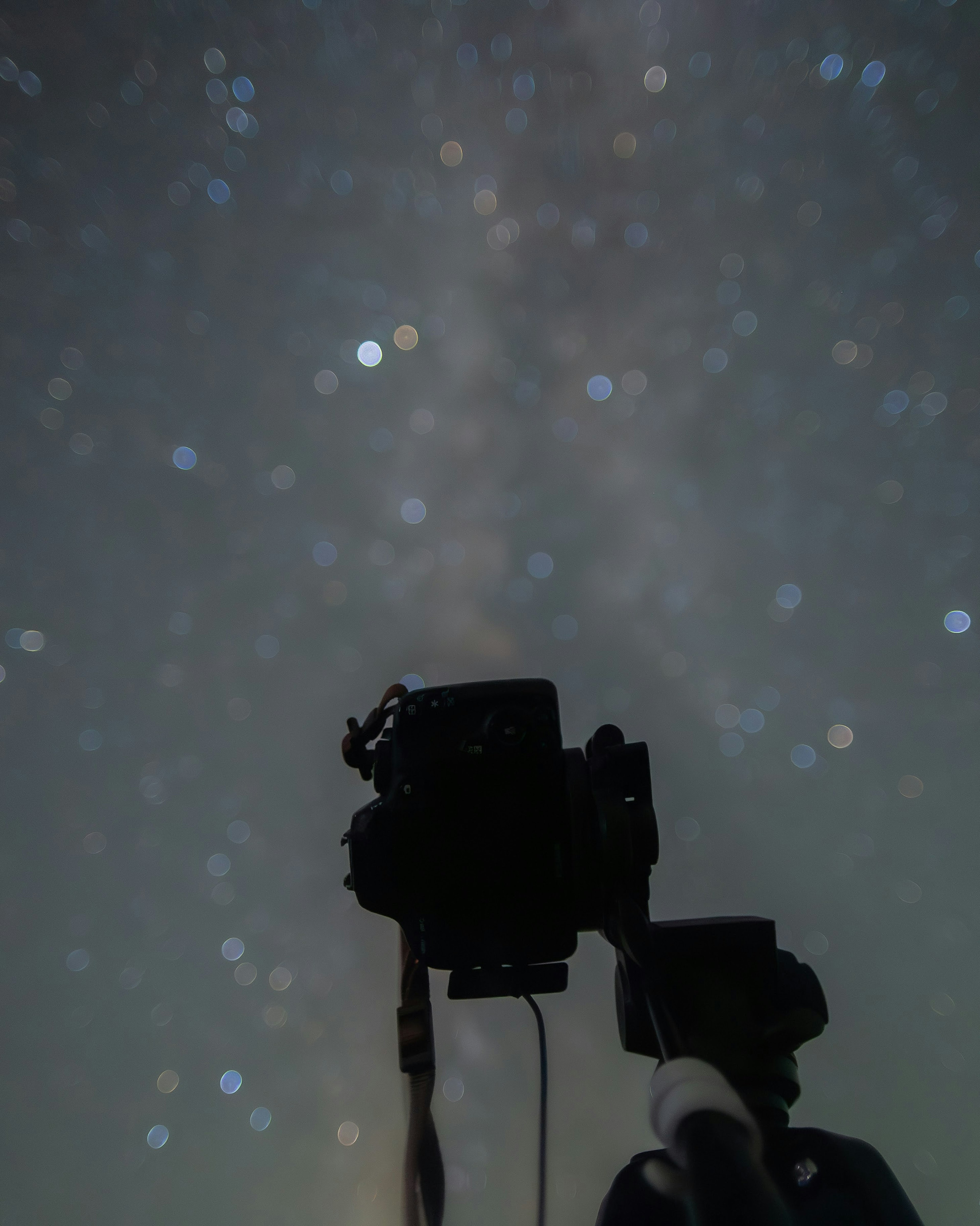 Silhouette di una camera e di un treppiede contro un cielo stellato