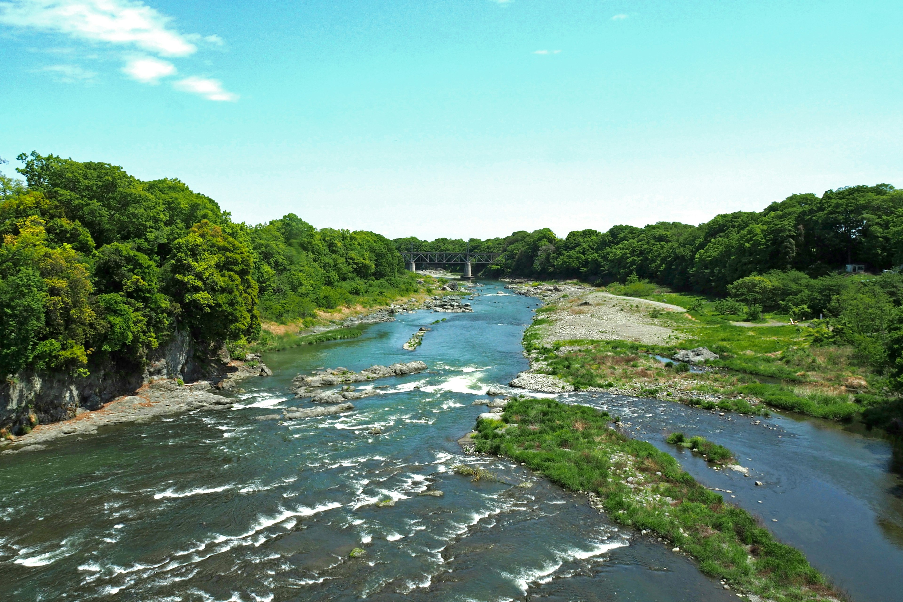 Sungai pemandangan dengan hijauan subur di bawah langit biru cerah