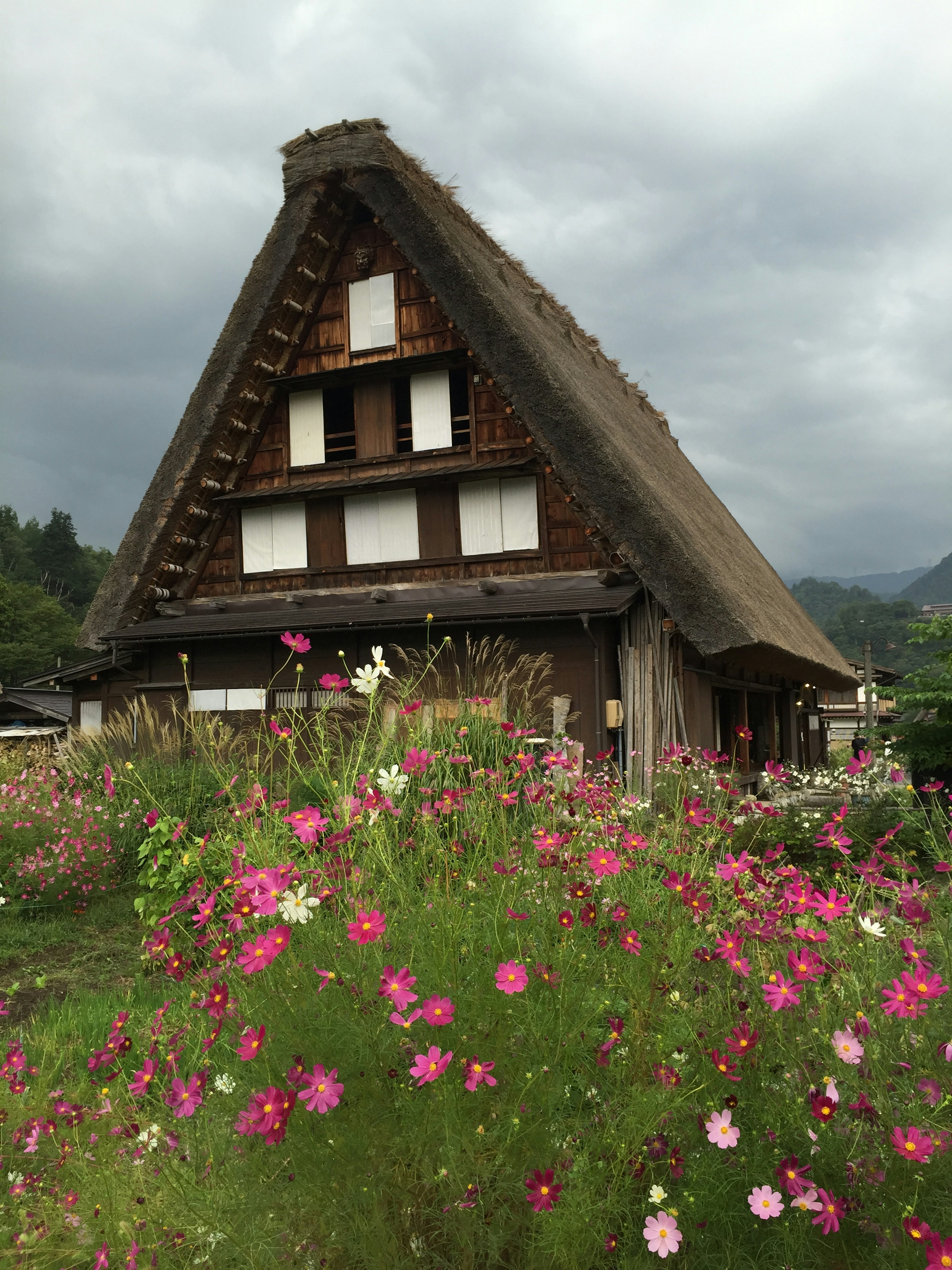 Traditionelles Gassho-Zukuri-Haus umgeben von schönen Blumen