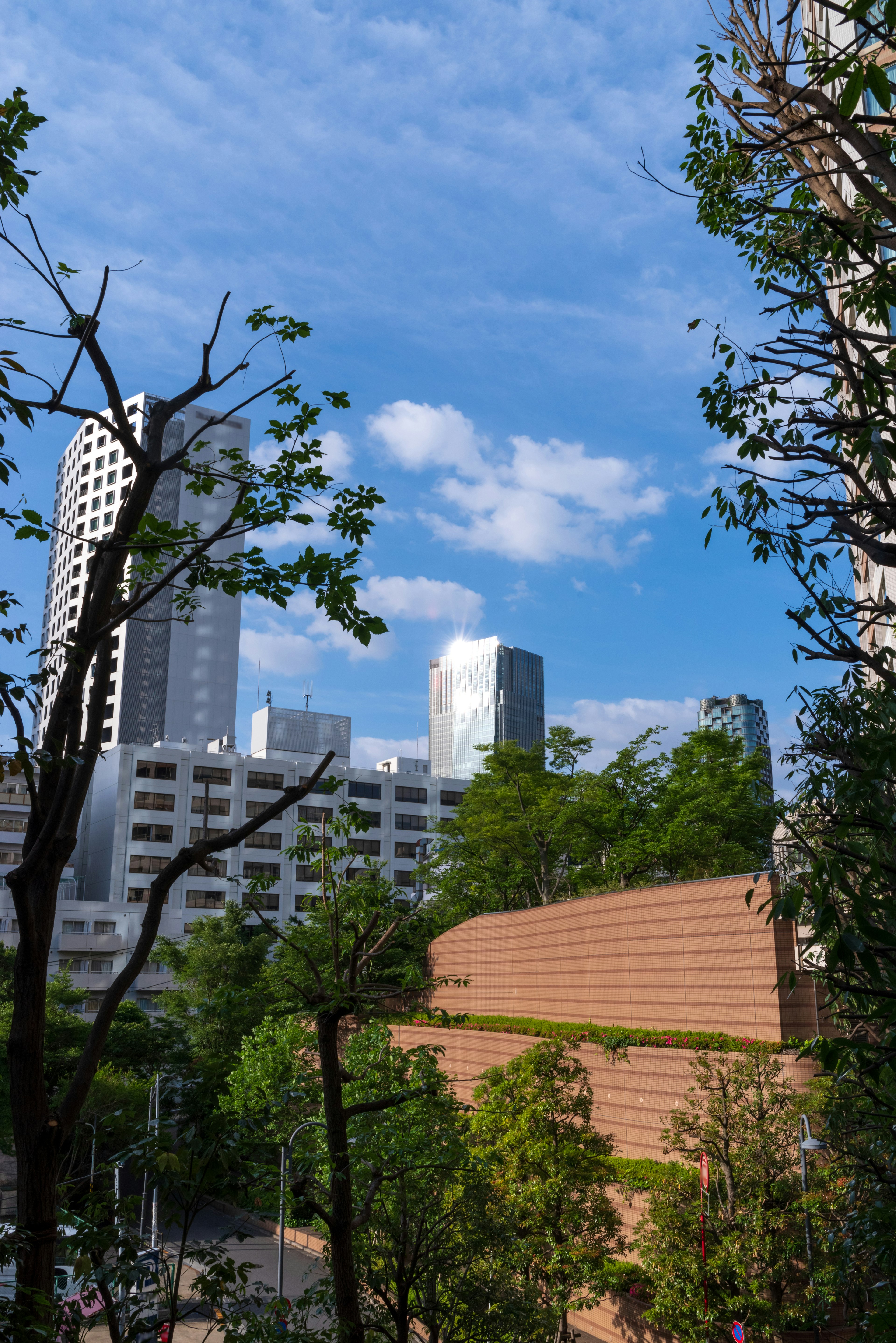 Paesaggio urbano con cielo blu e grattacieli