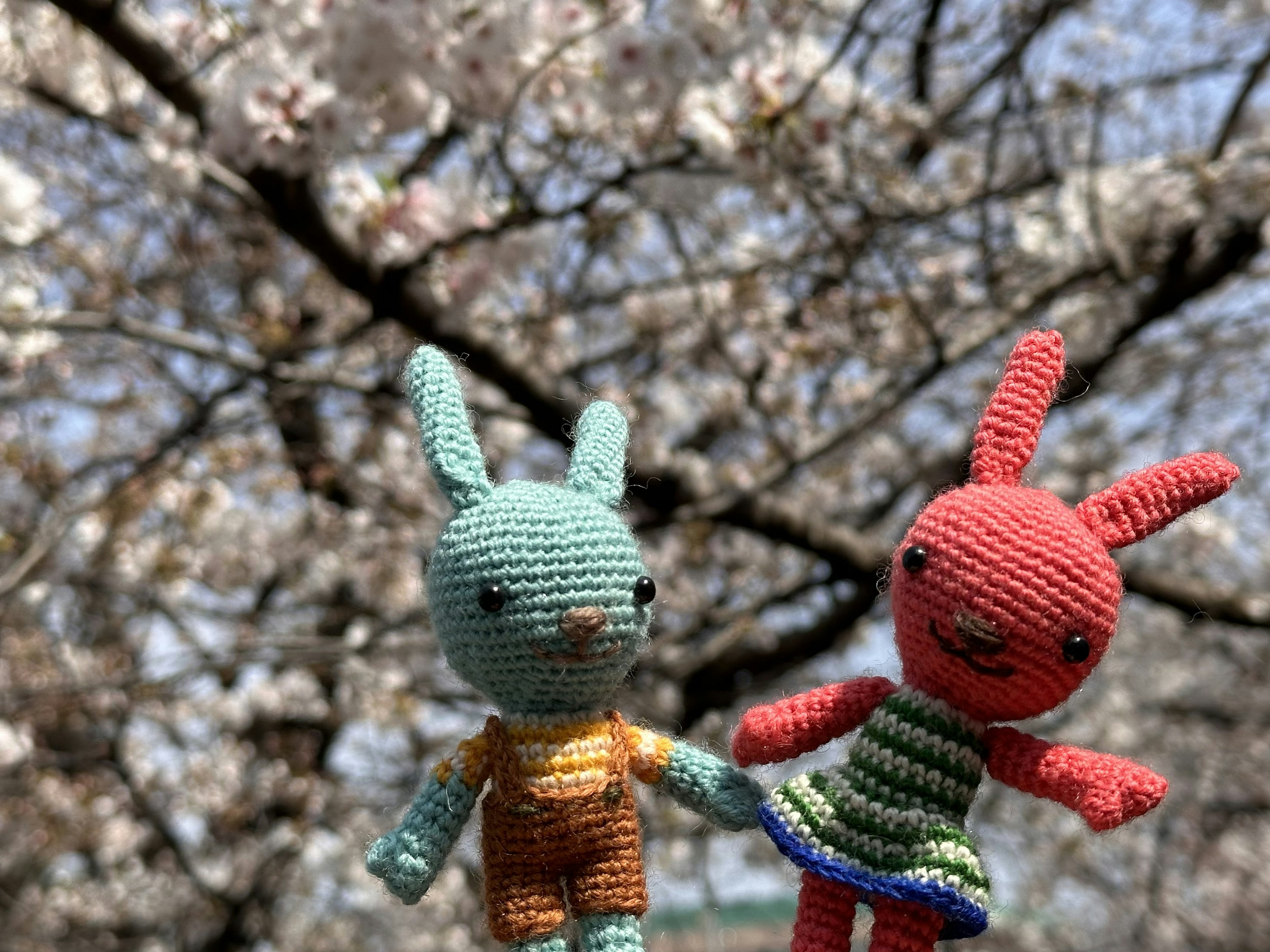 Deux poupées lapins au crochet devant des cerisiers en fleurs