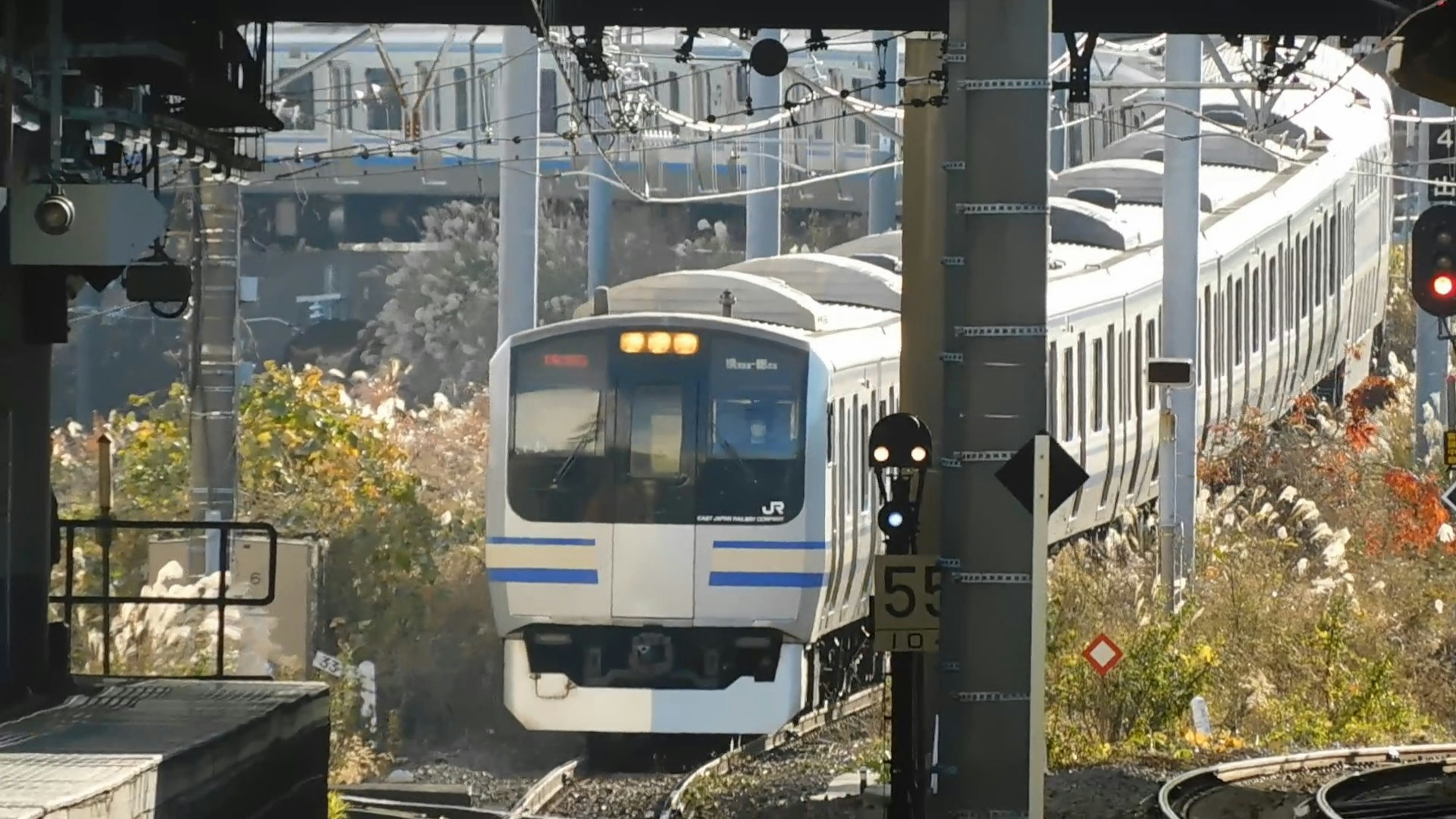 Tren blanco viajando por las vías con hierba verde y estructuras ferroviarias al fondo