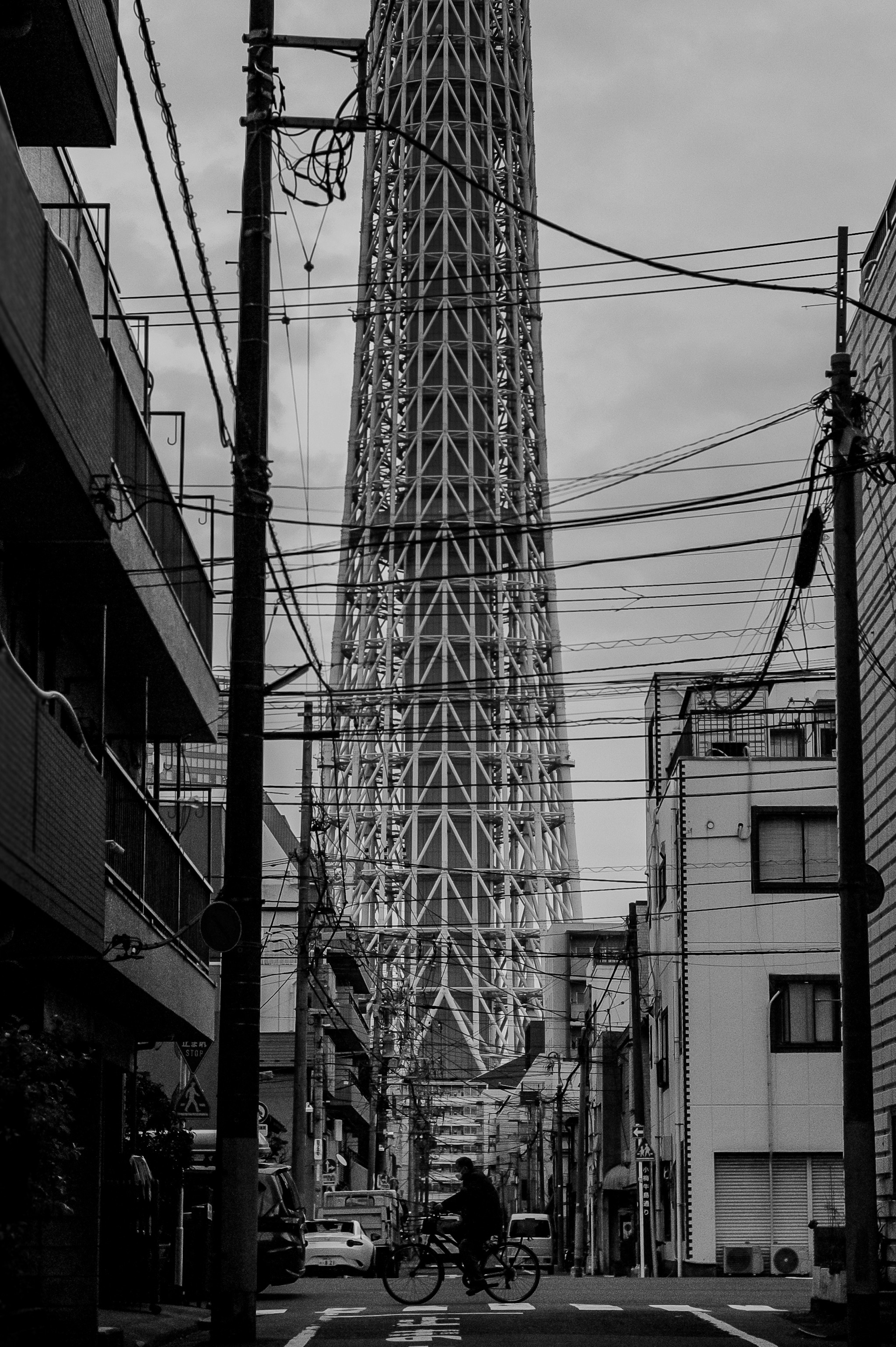 Schwarzweißfoto des Tokyo Skytree mit städtischer Umgebung