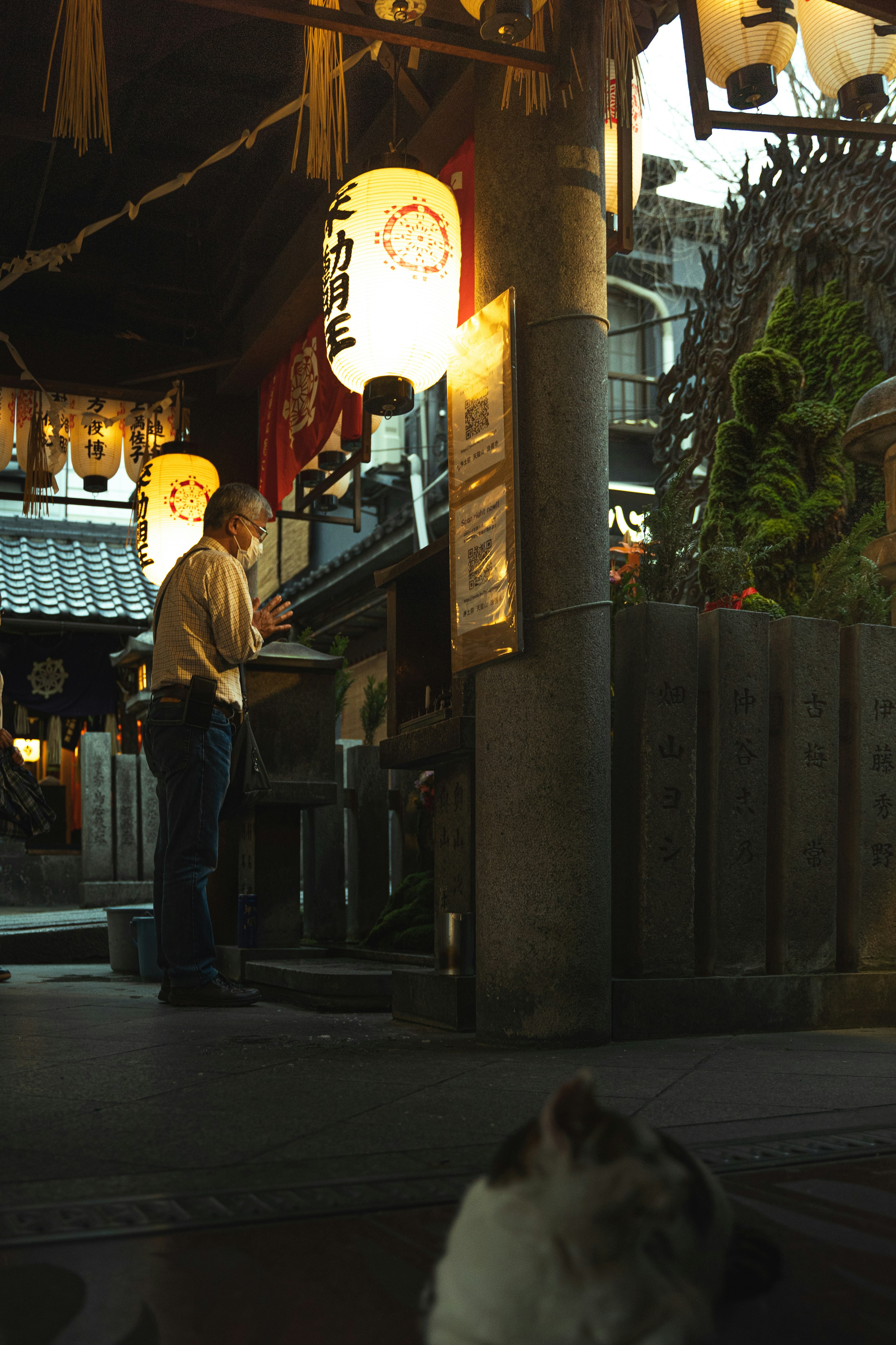 商店の前で立っている男性と提灯、猫が見える日本の街並み