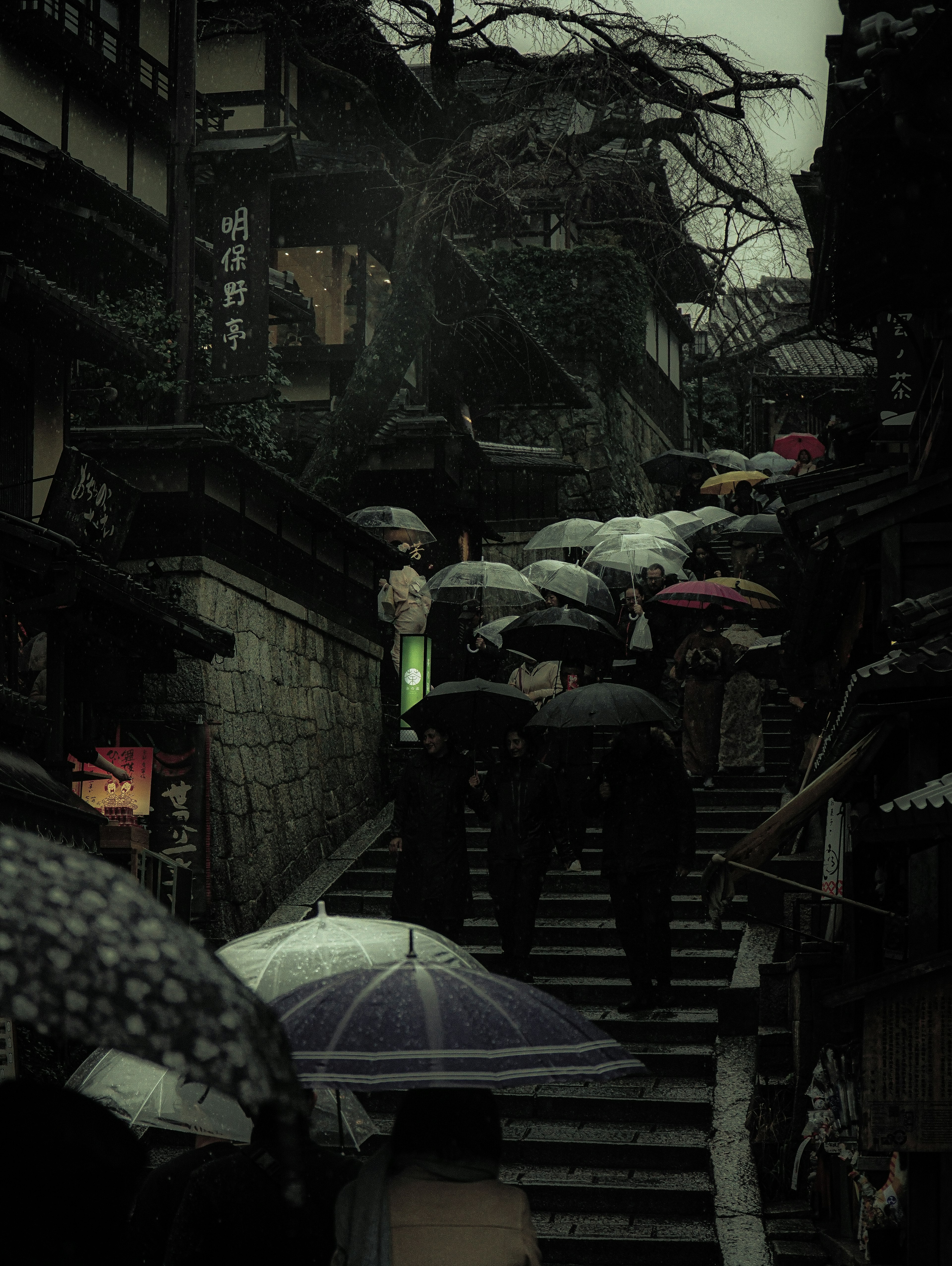 People walking up stairs with umbrellas in a quiet rainy old town