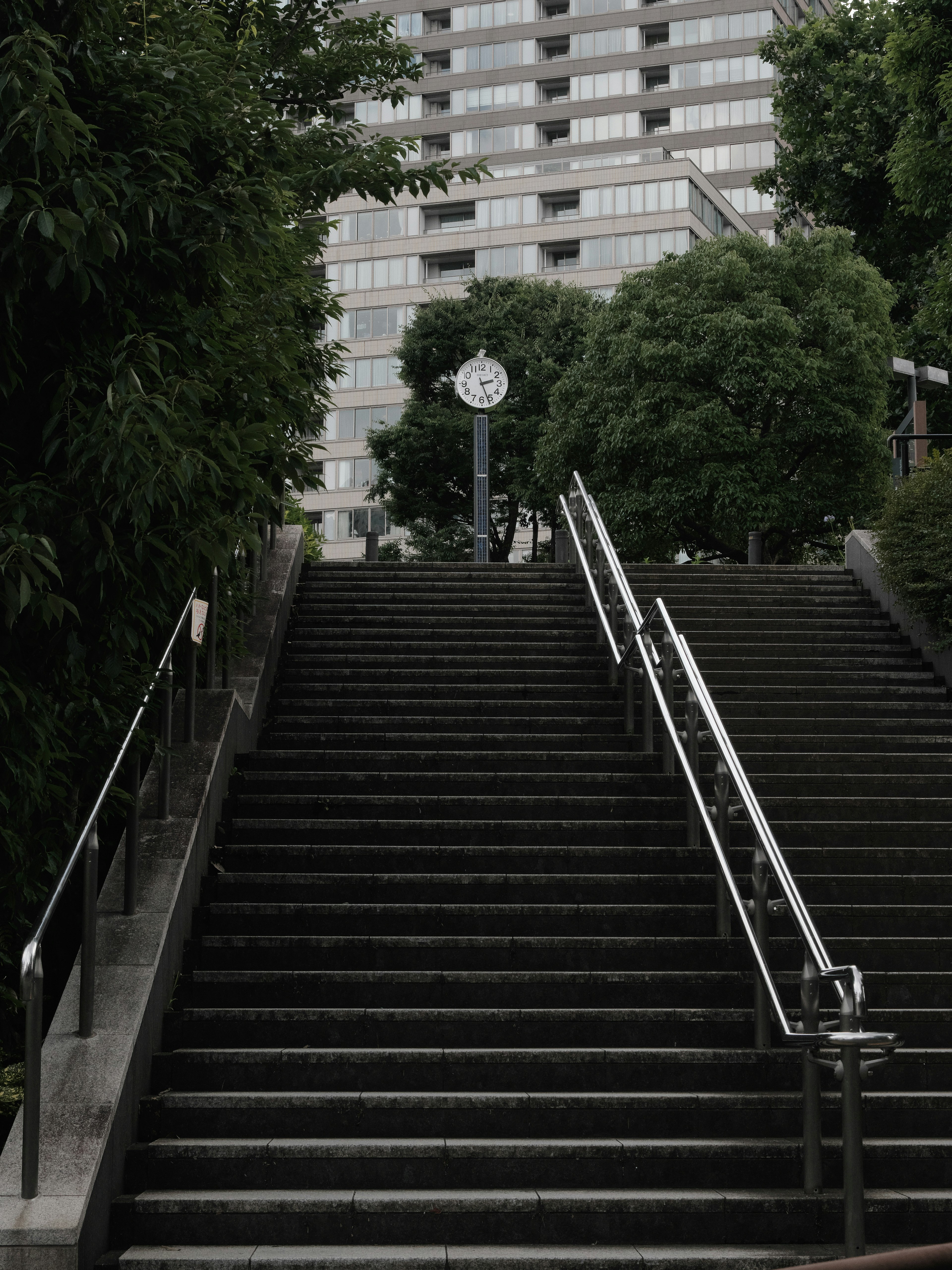 Stairs leading to a clock surrounded by greenery