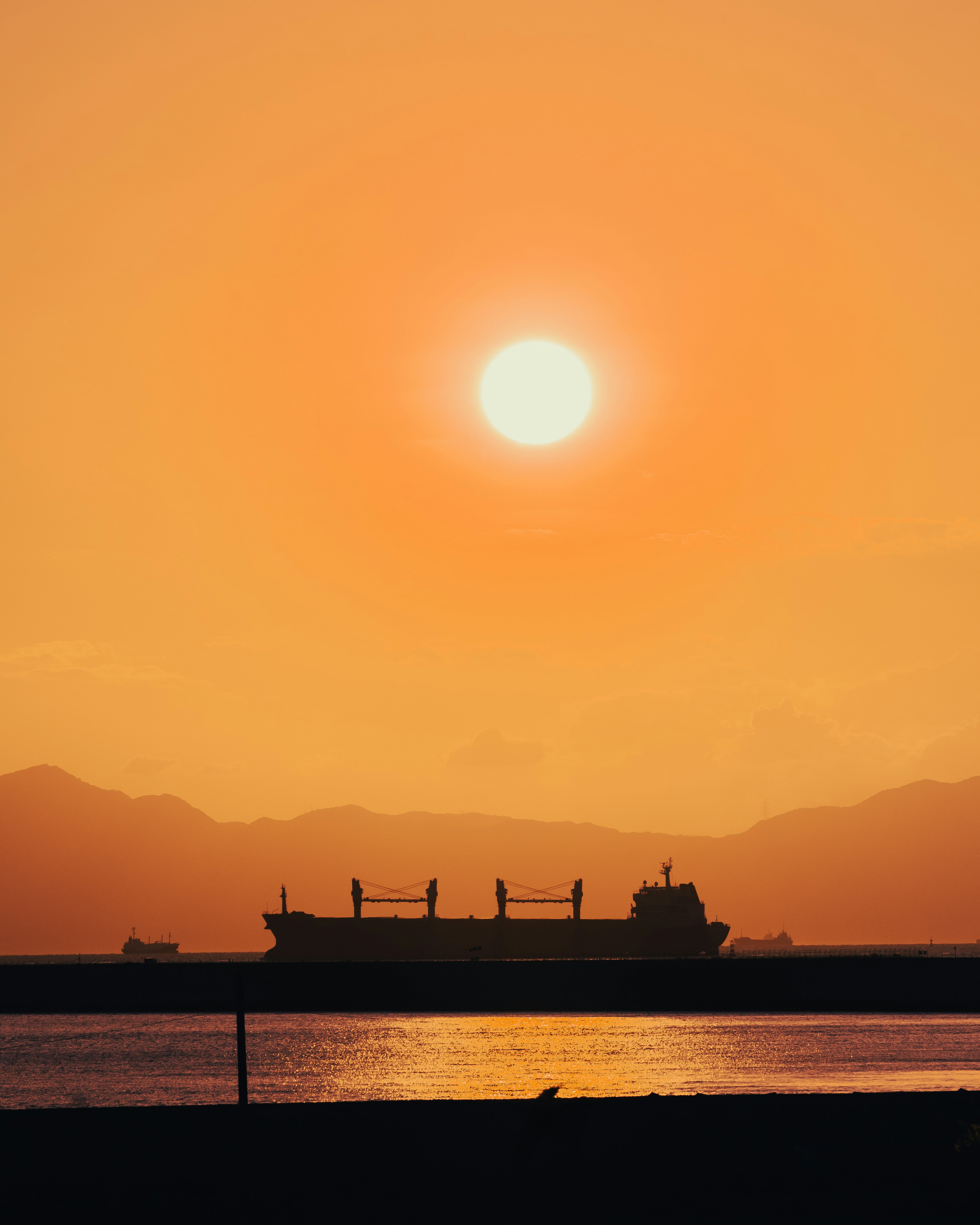 Silhouette di una nave cargo contro un tramonto che si riflette sull'acqua