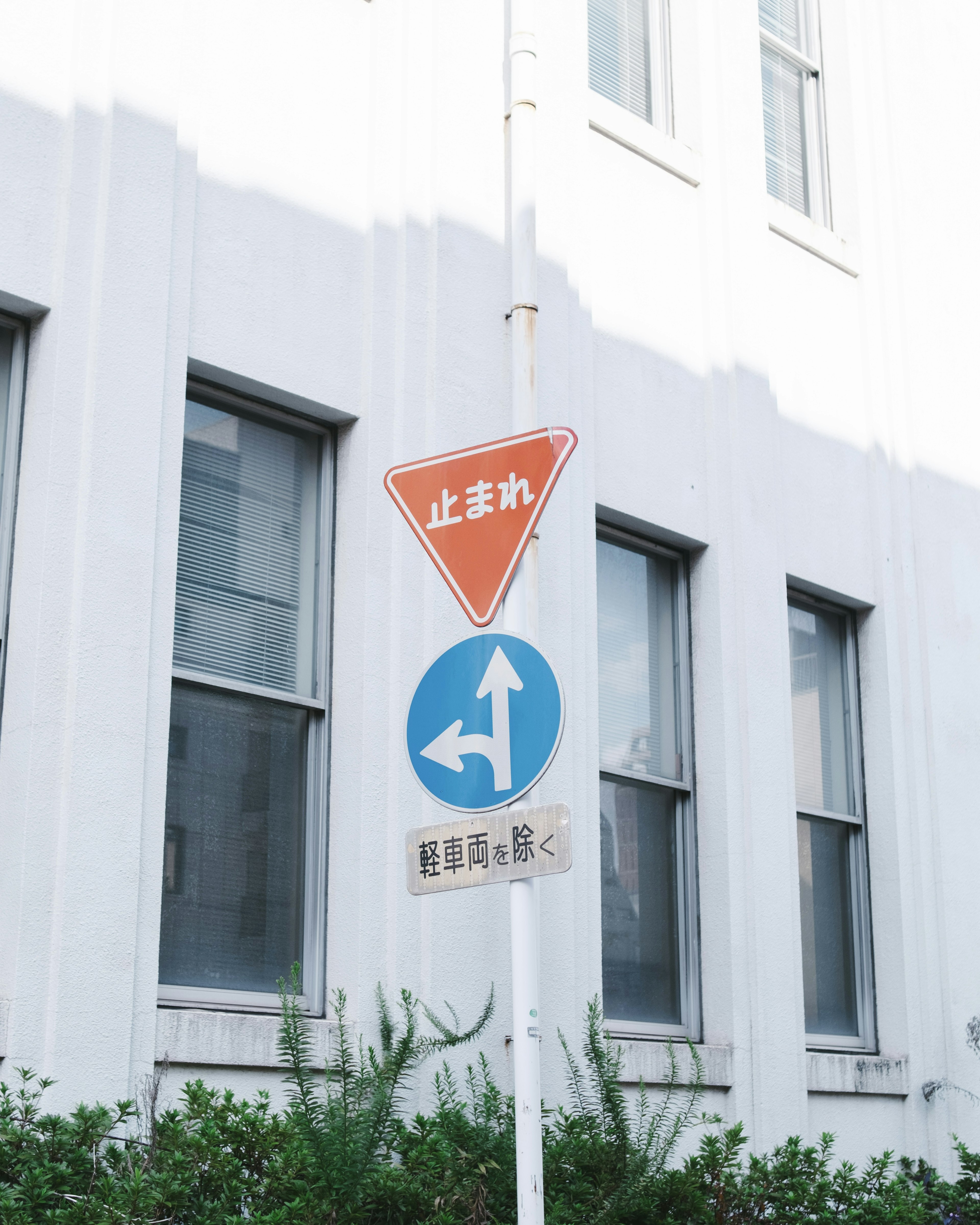 Verkehrszeichen vor einem weißen Gebäude mit einem roten Vorfahrt-gewähren-Schild und einem blauen Richtungsschild