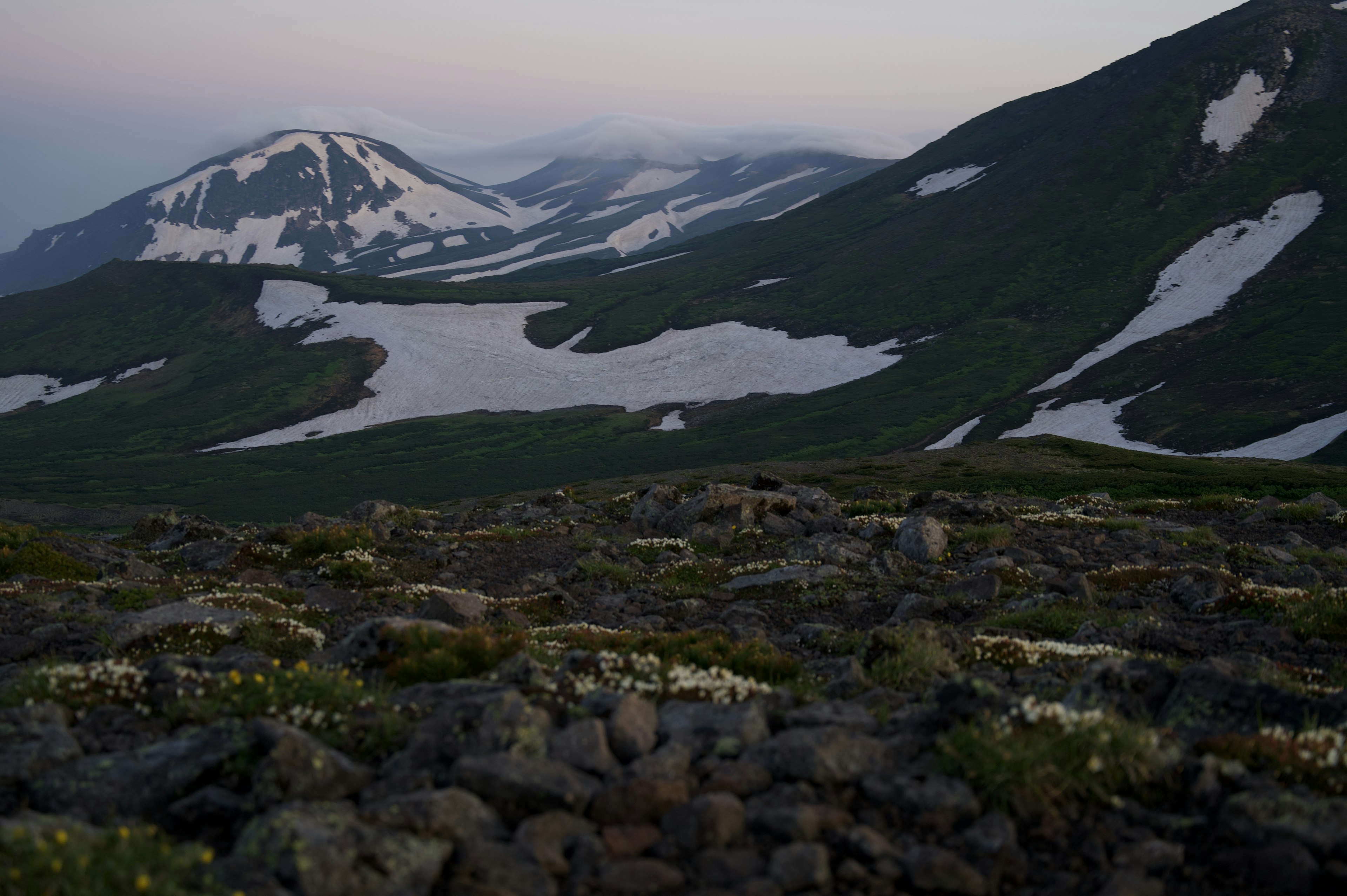 Scenic view of snow-capped mountains and green hills