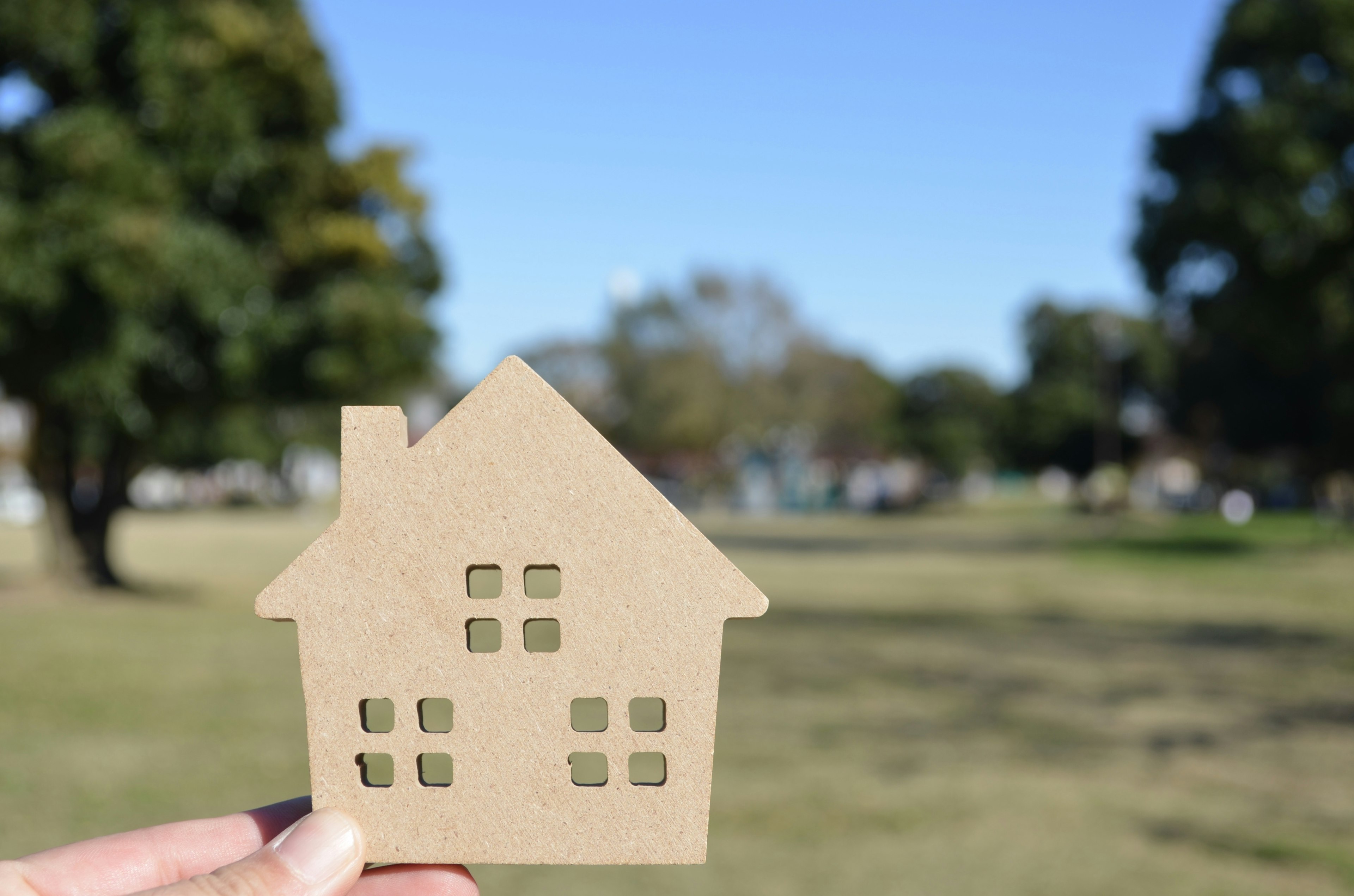 Objet en forme de maison en carton tenu à la main devant un parc