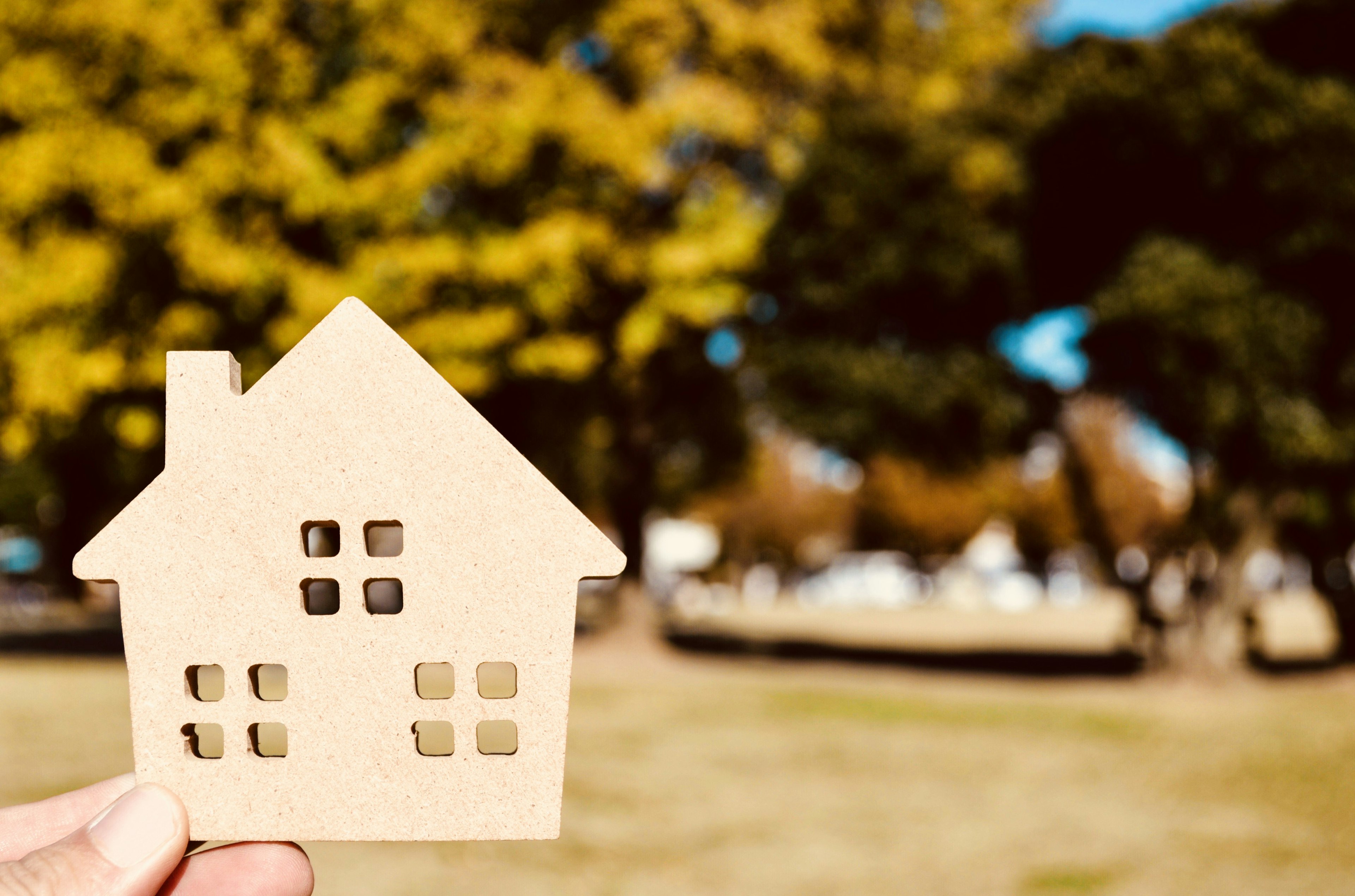 Une main tenant un objet en bois en forme de maison devant des arbres