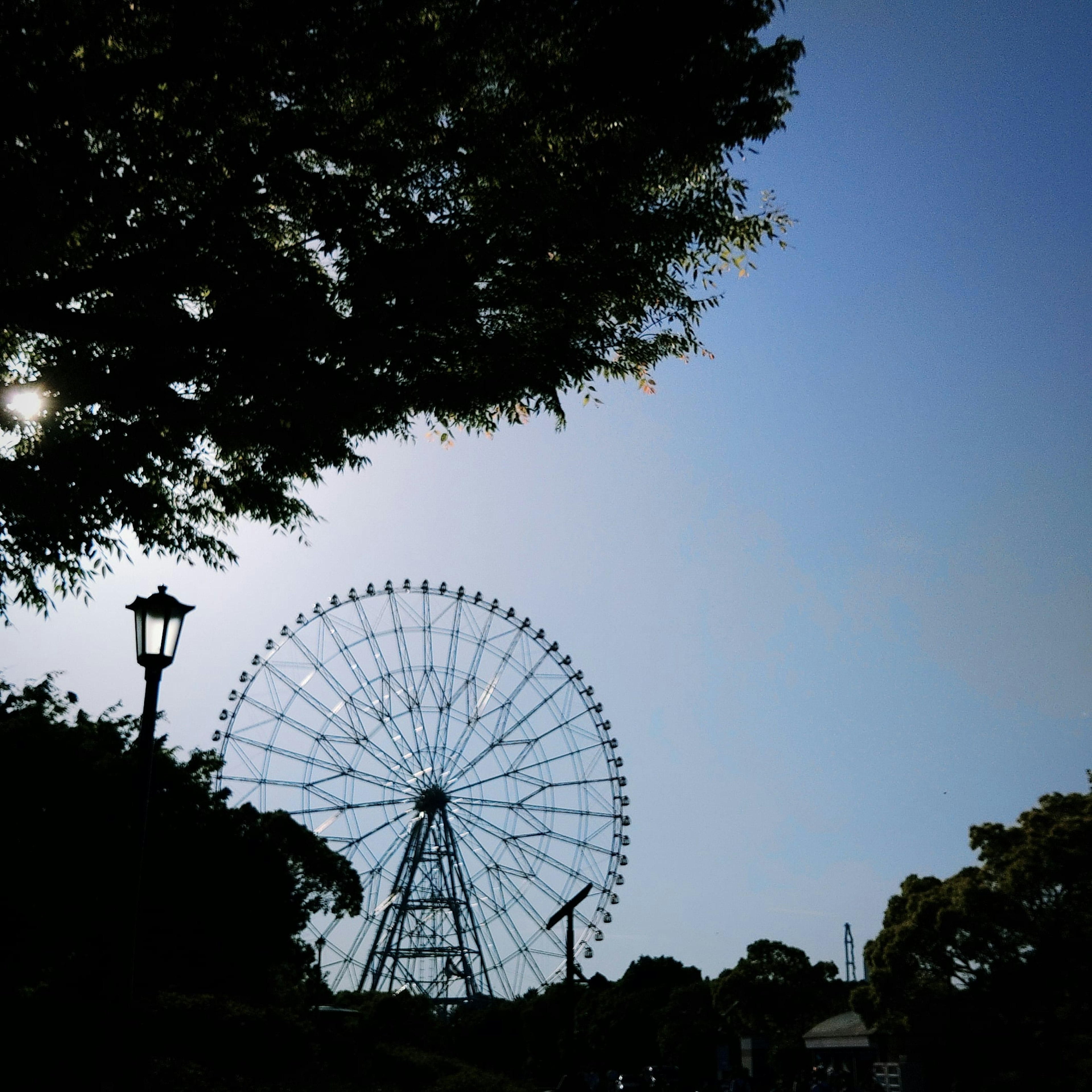 Silhouette di una ruota panoramica e di un lampione contro un cielo blu