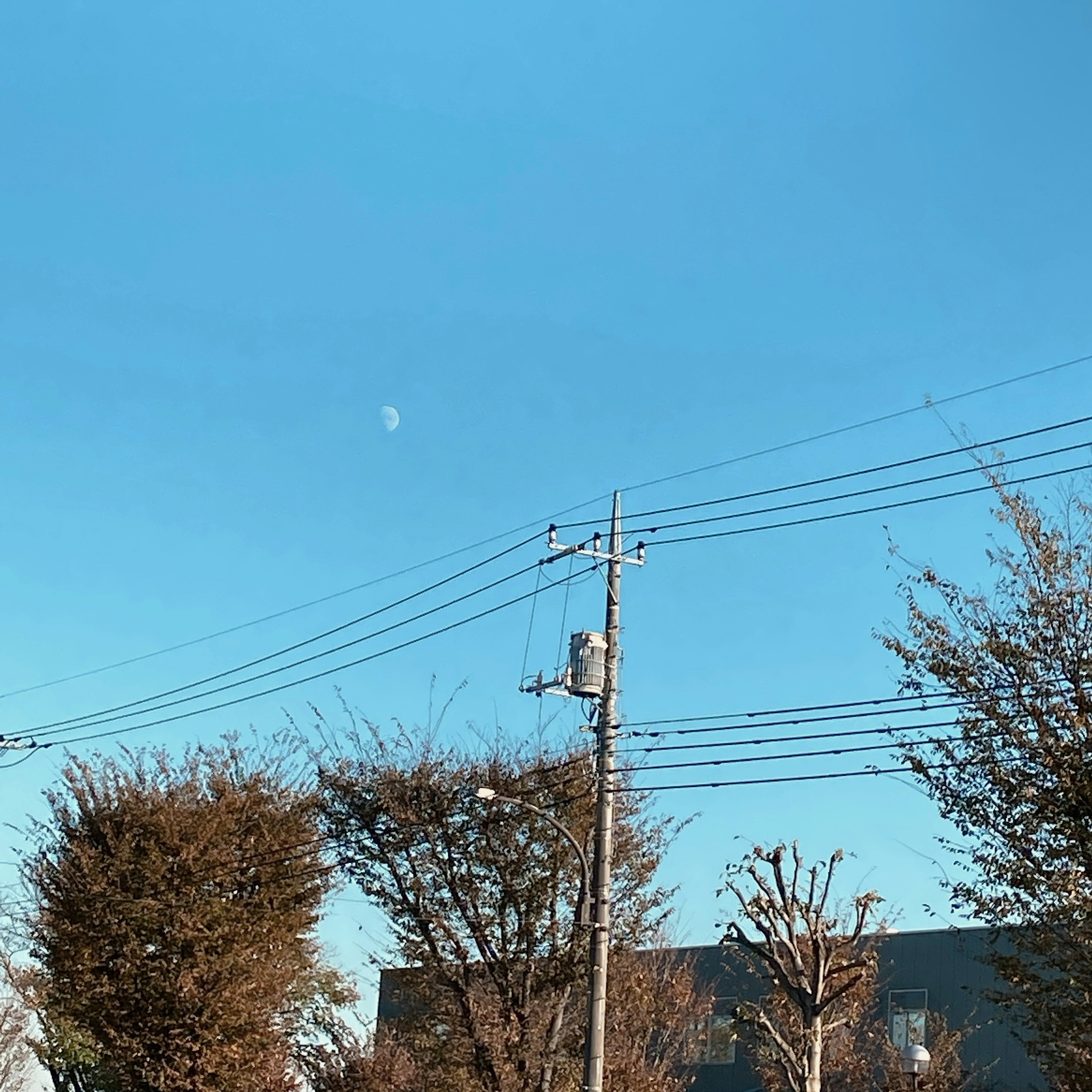 A scenic view with a clear blue sky and a visible crescent moon