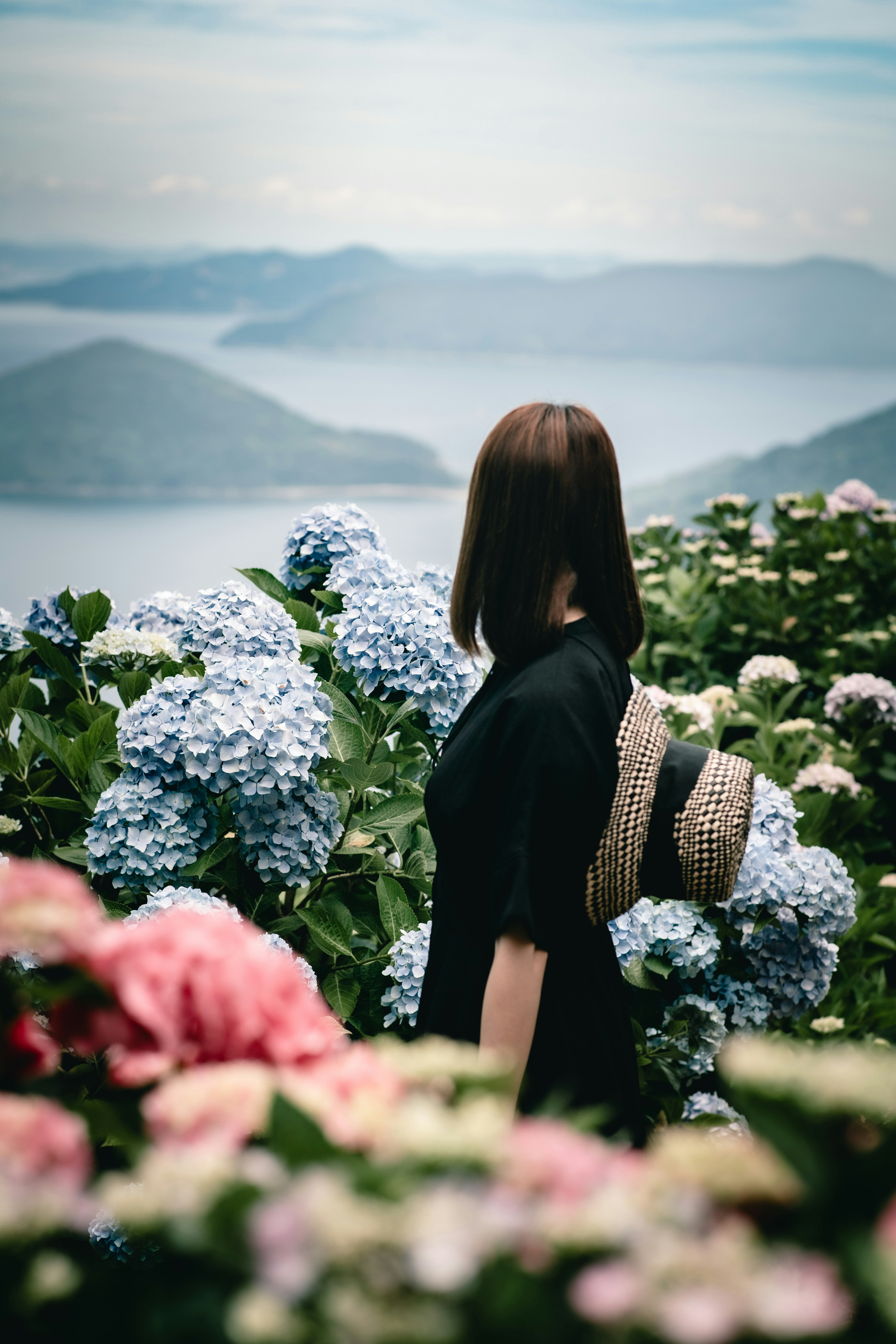 Una mujer de pie entre hortensias azules con montañas al fondo