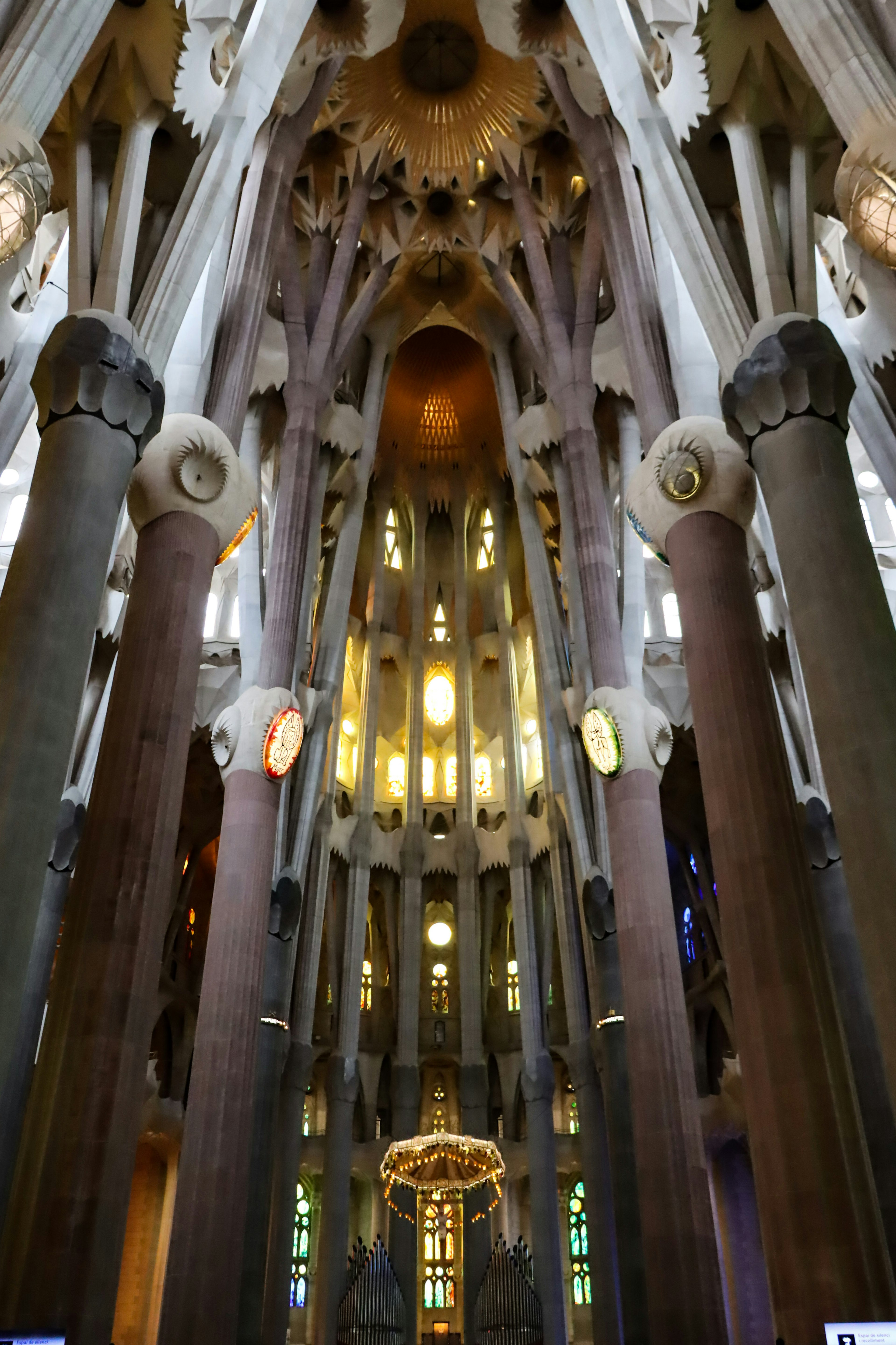 Vue intérieure de la Sagrada Familia montrant de belles arches et colonnes