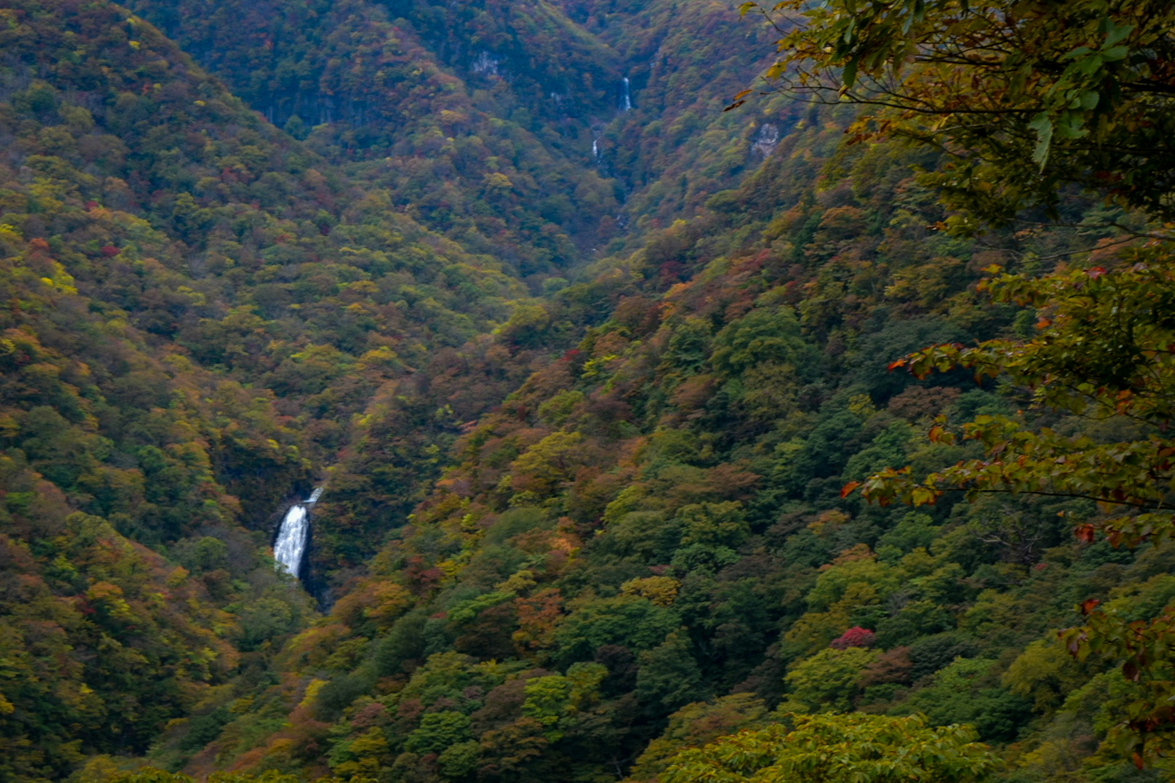 Vista escénica de una cascada que cae entre montañas verdes y exuberantes