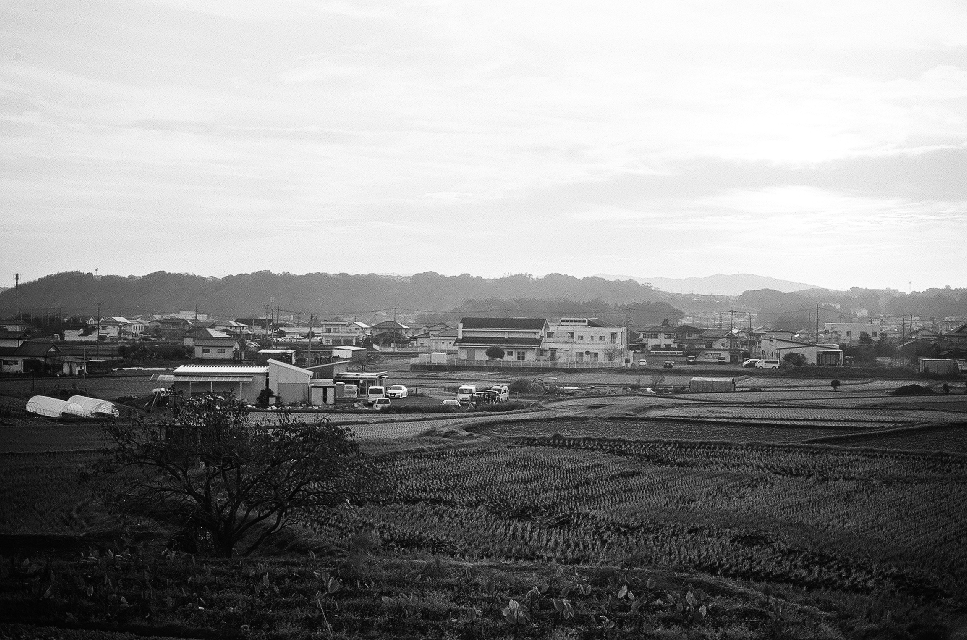 Rural village landscape with distant mountains and fields