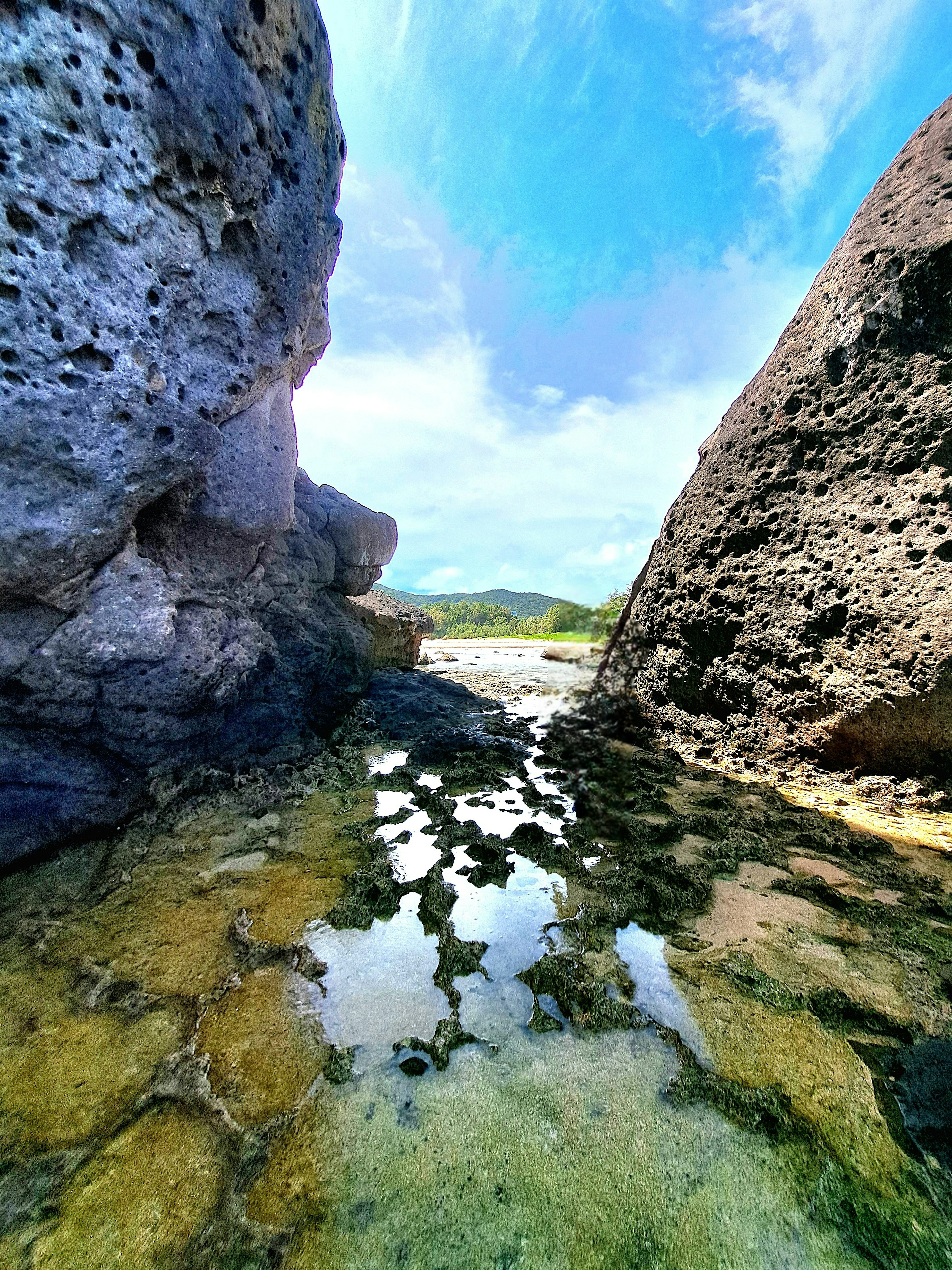 岩と水の反射が美しい海岸の風景