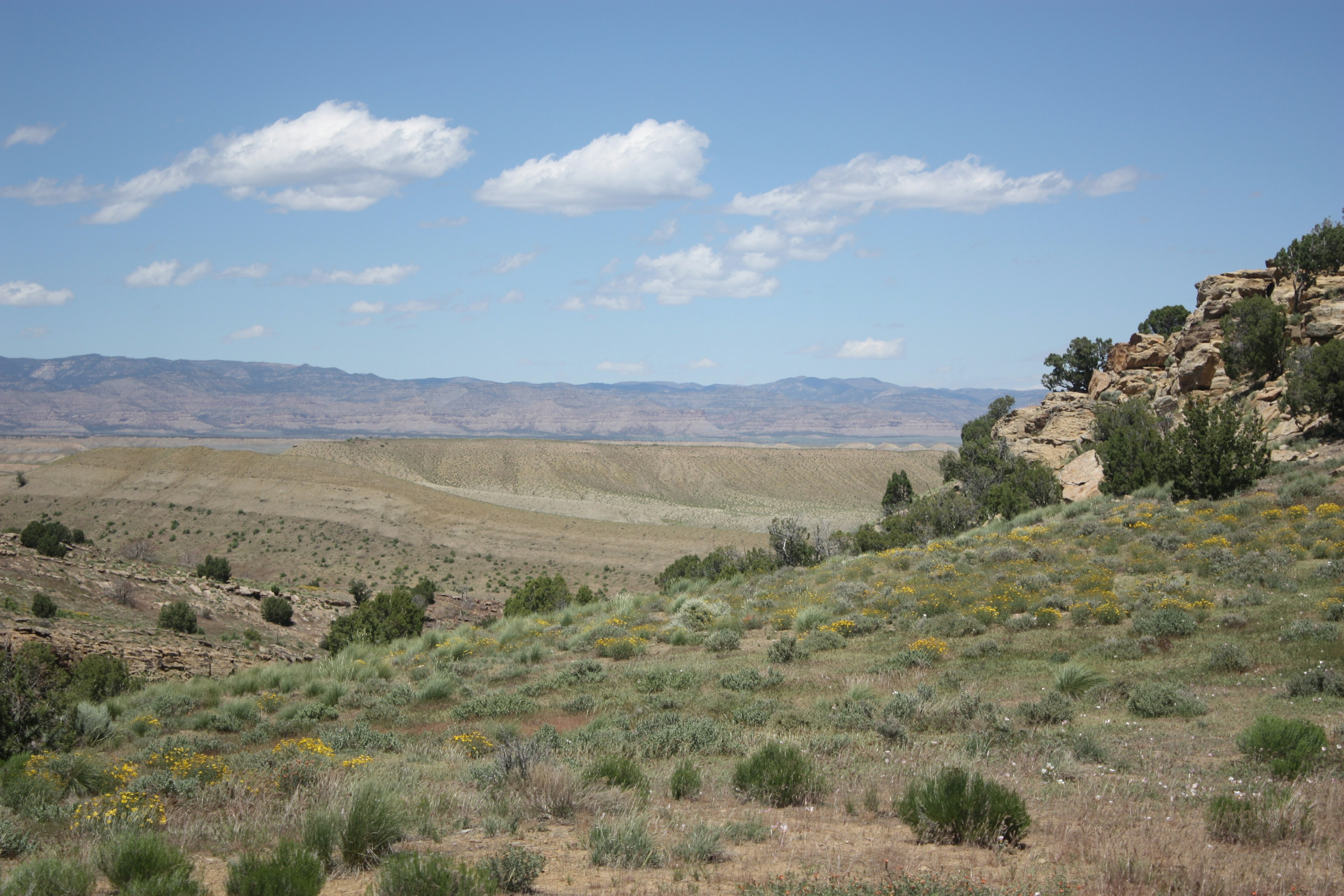 Weite Graslandschaft und felsige Landschaft mit blauem Himmel und Wolken