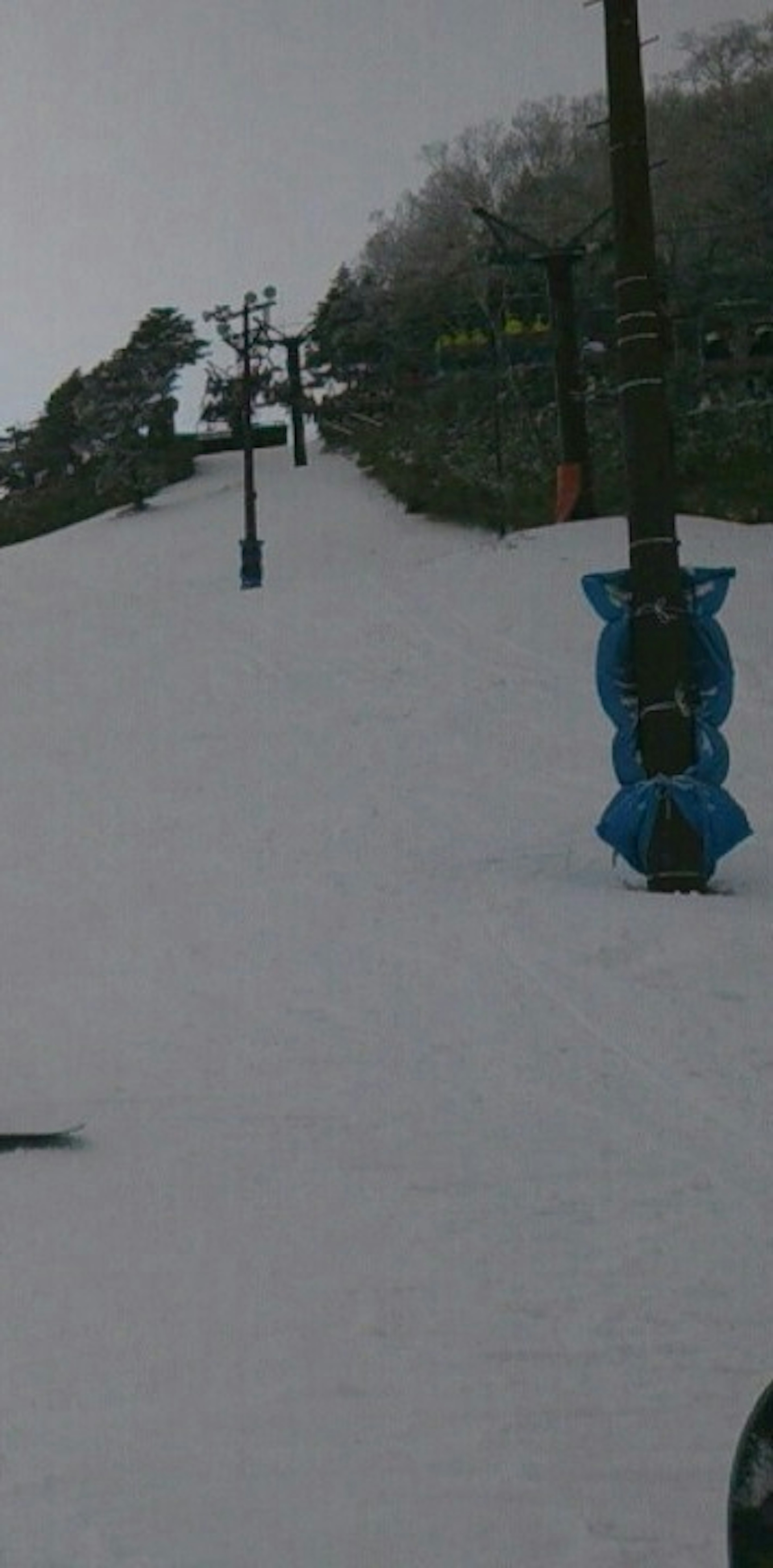 Ski-Resort-Szene mit schneebedecktem Hang und blauem Pfosten