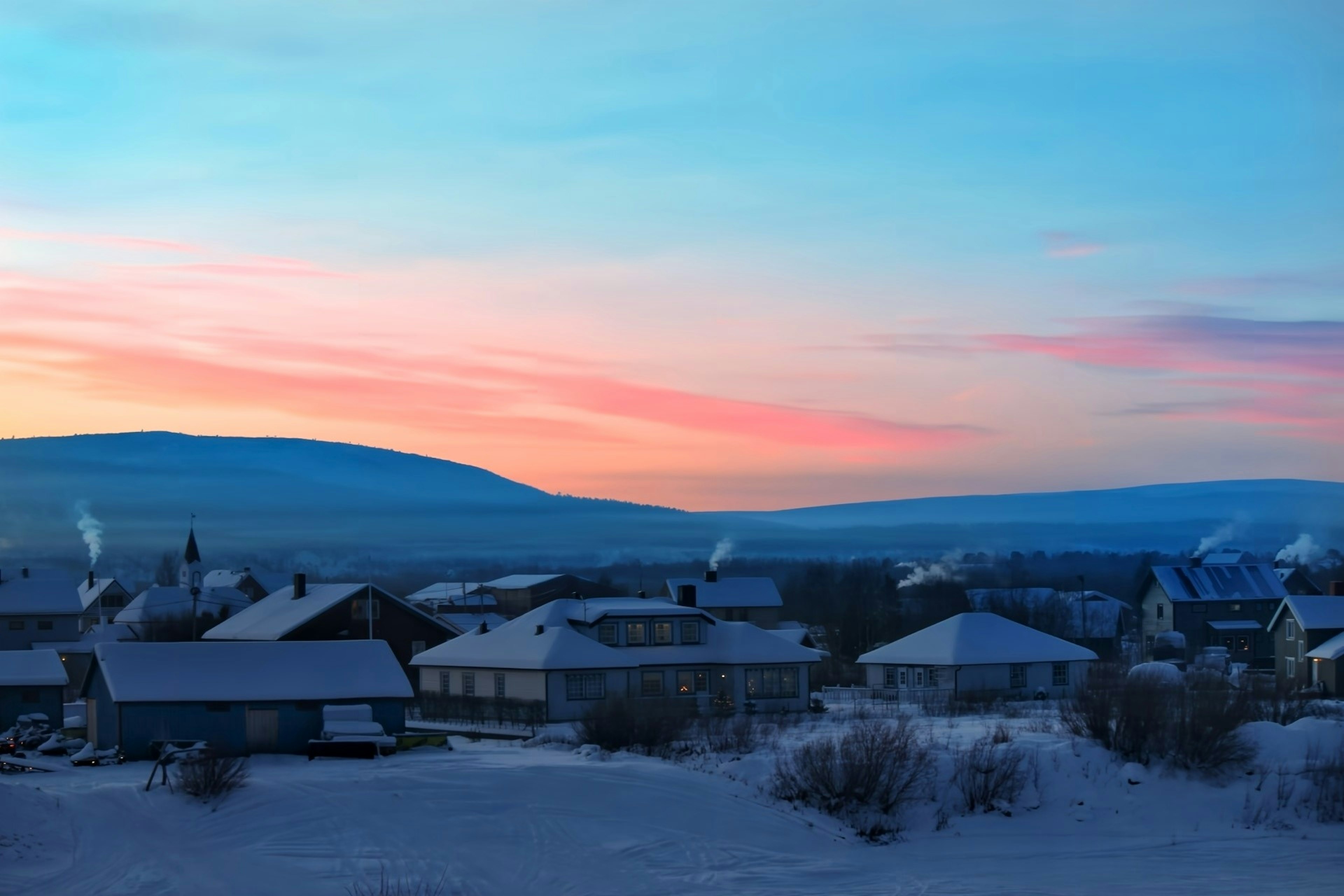 Snow-covered village landscape with beautiful sunset sky and mountains