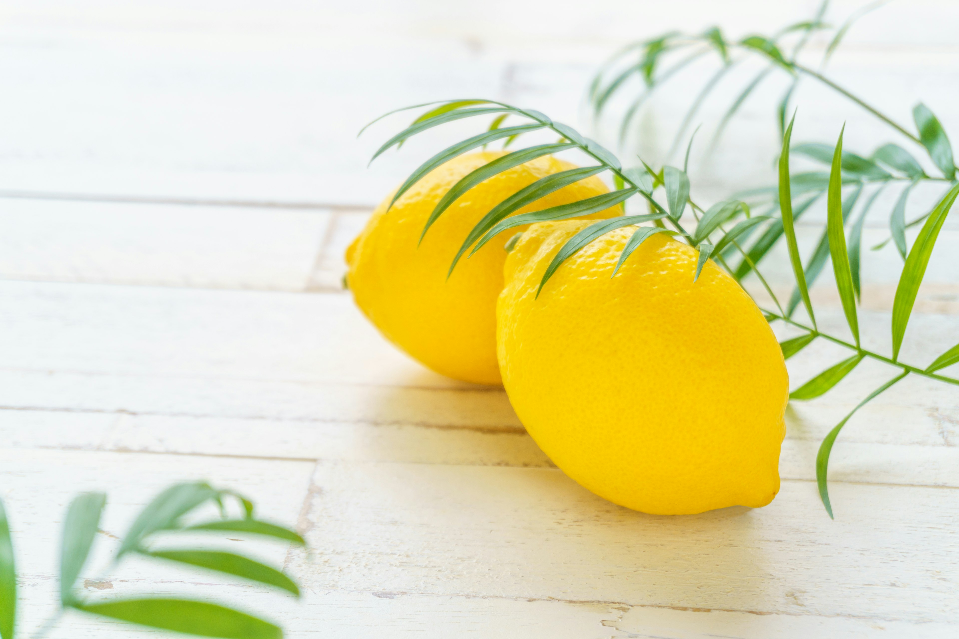 Two bright yellow lemons on a wooden surface surrounded by green leaves