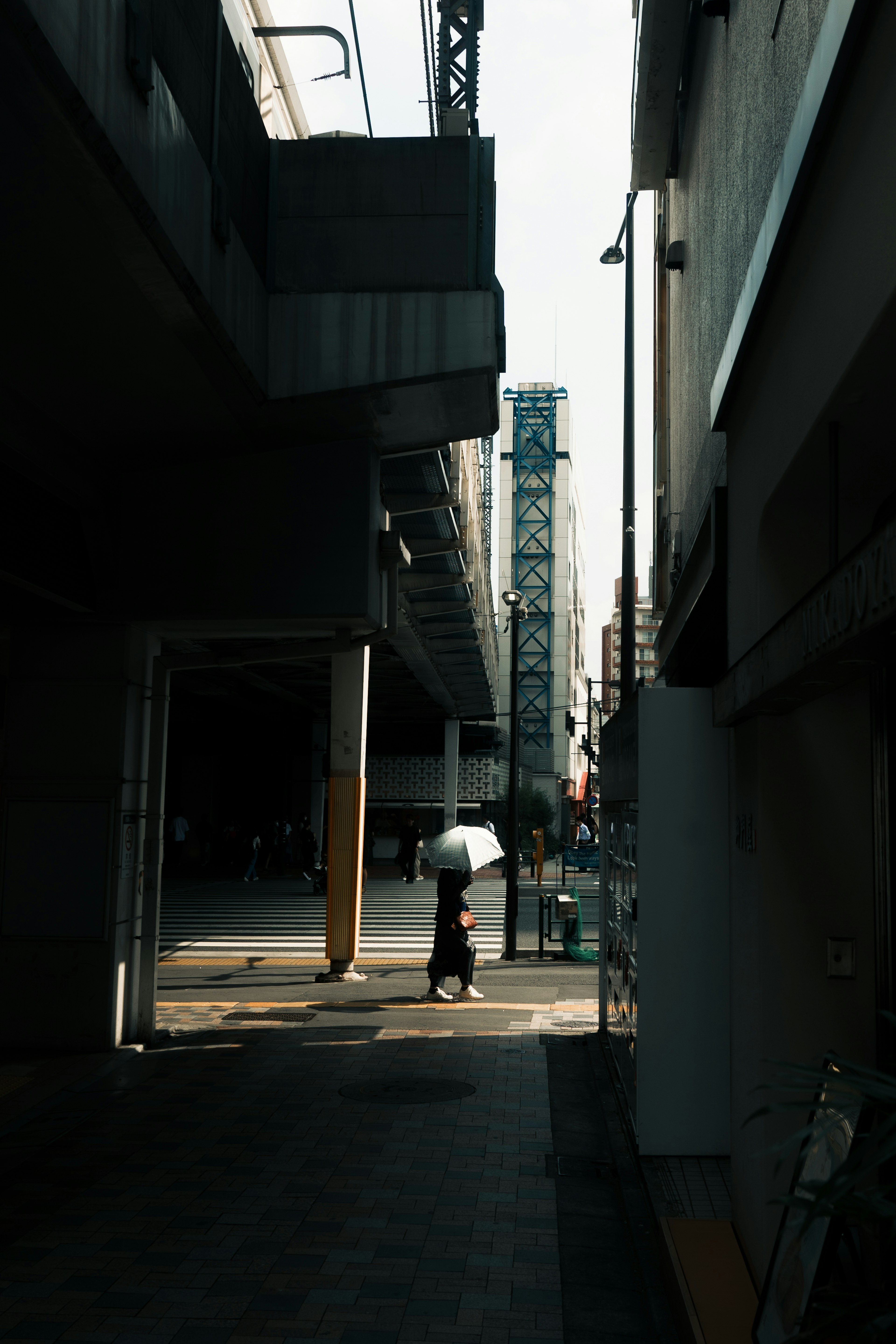 A person holding an umbrella stands in a dimly lit alley