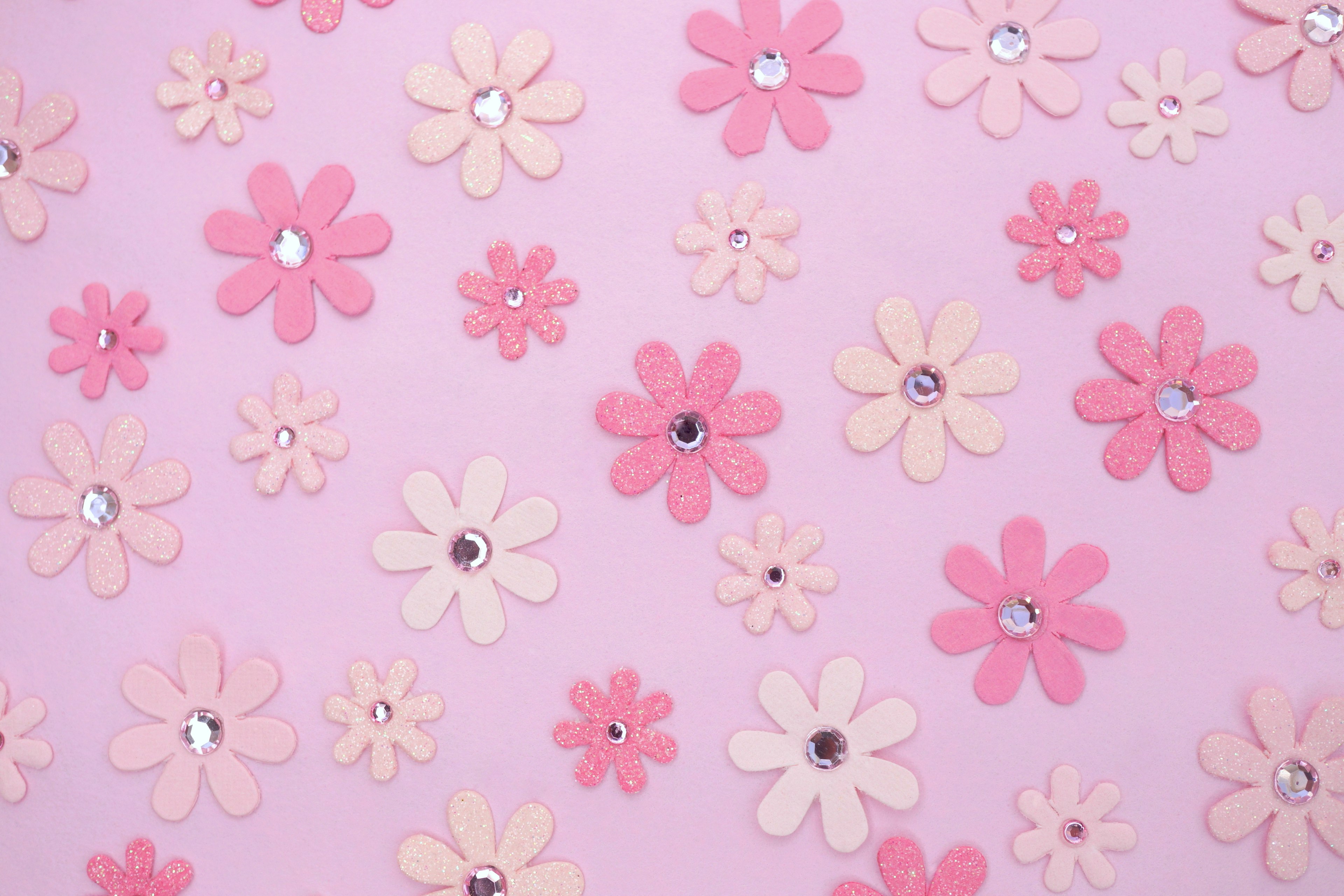 Colorful flower decorations scattered on a pink background