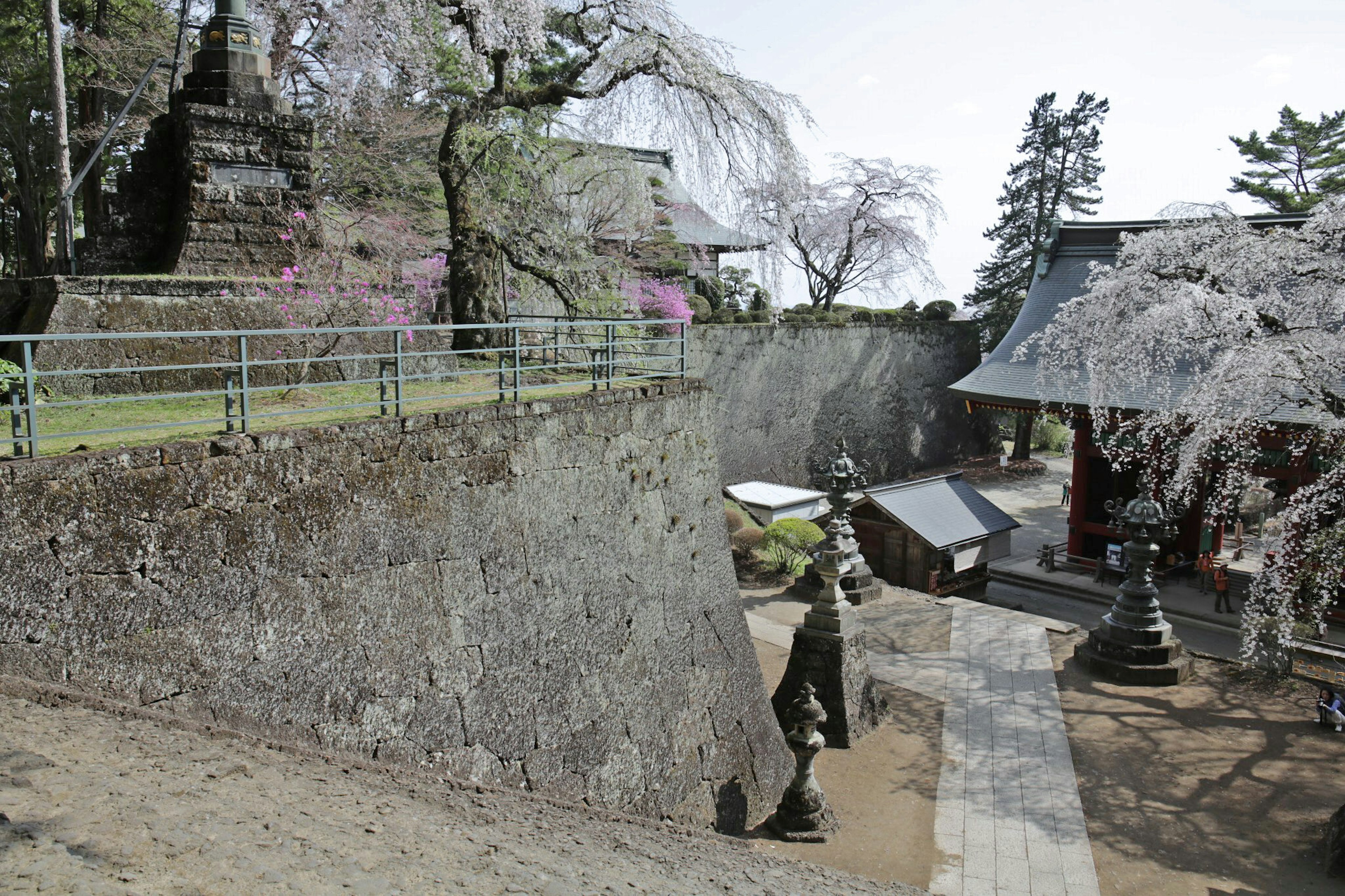 Historic temple landscape with cherry blossom trees and ancient stone pagodas