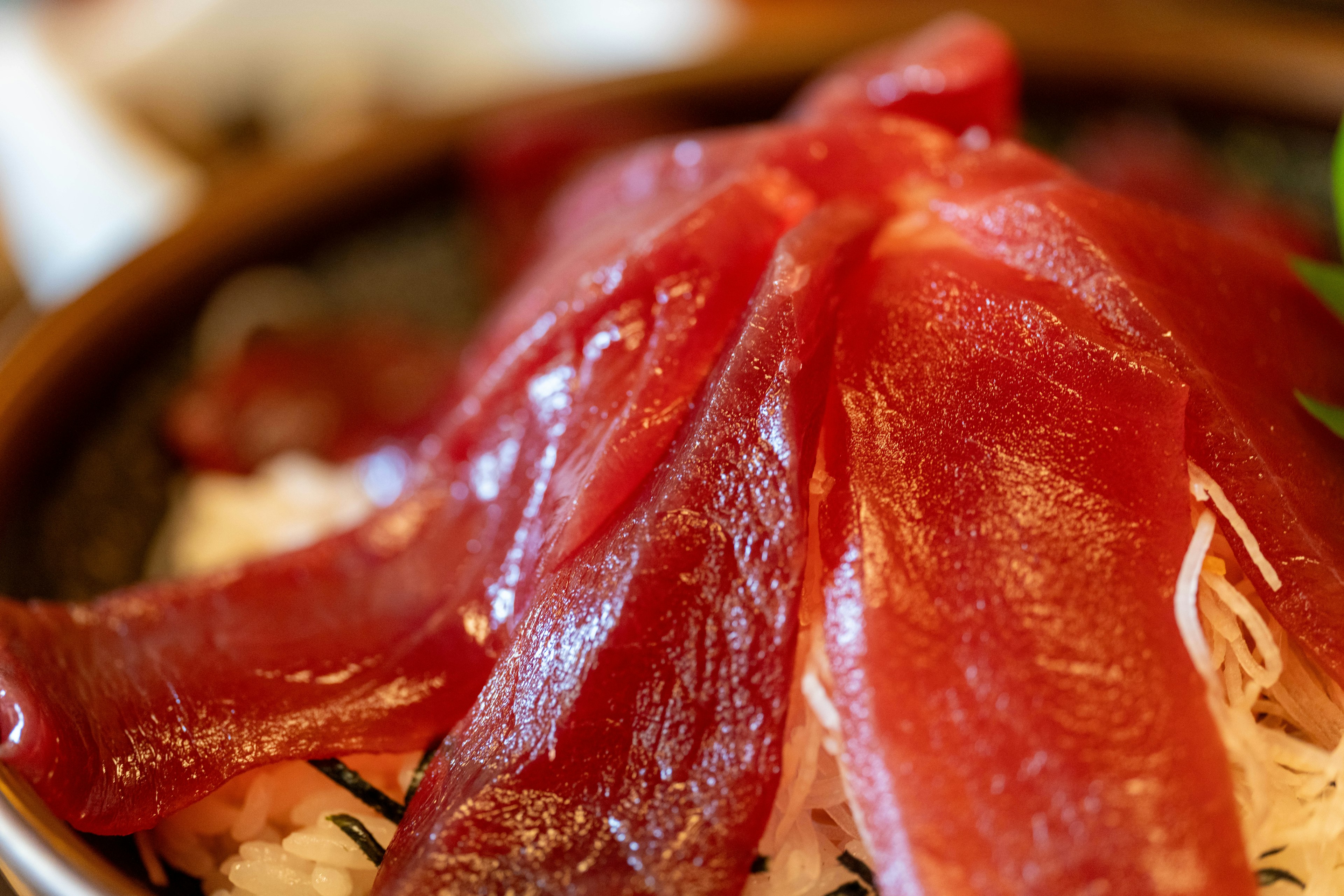 Frische Scheiben Thunfisch-Sashimi schön auf Reis angerichtet