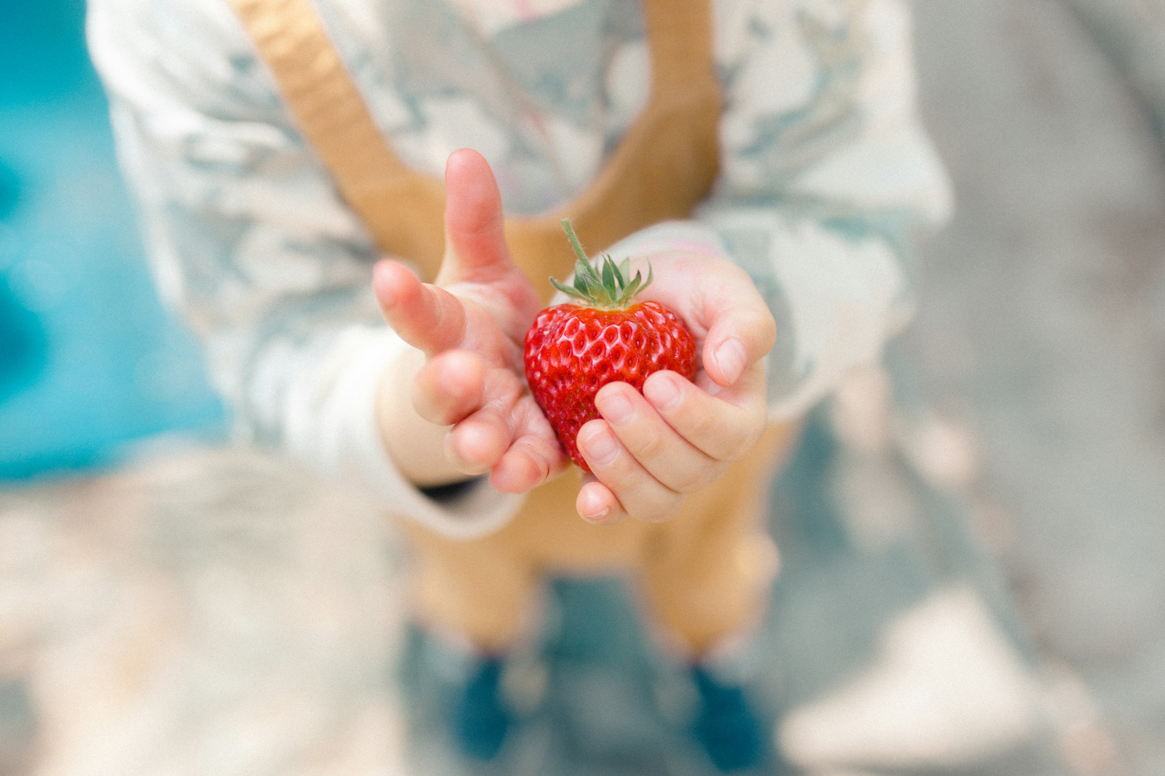 Bambino che tiene una fragola tra le mani