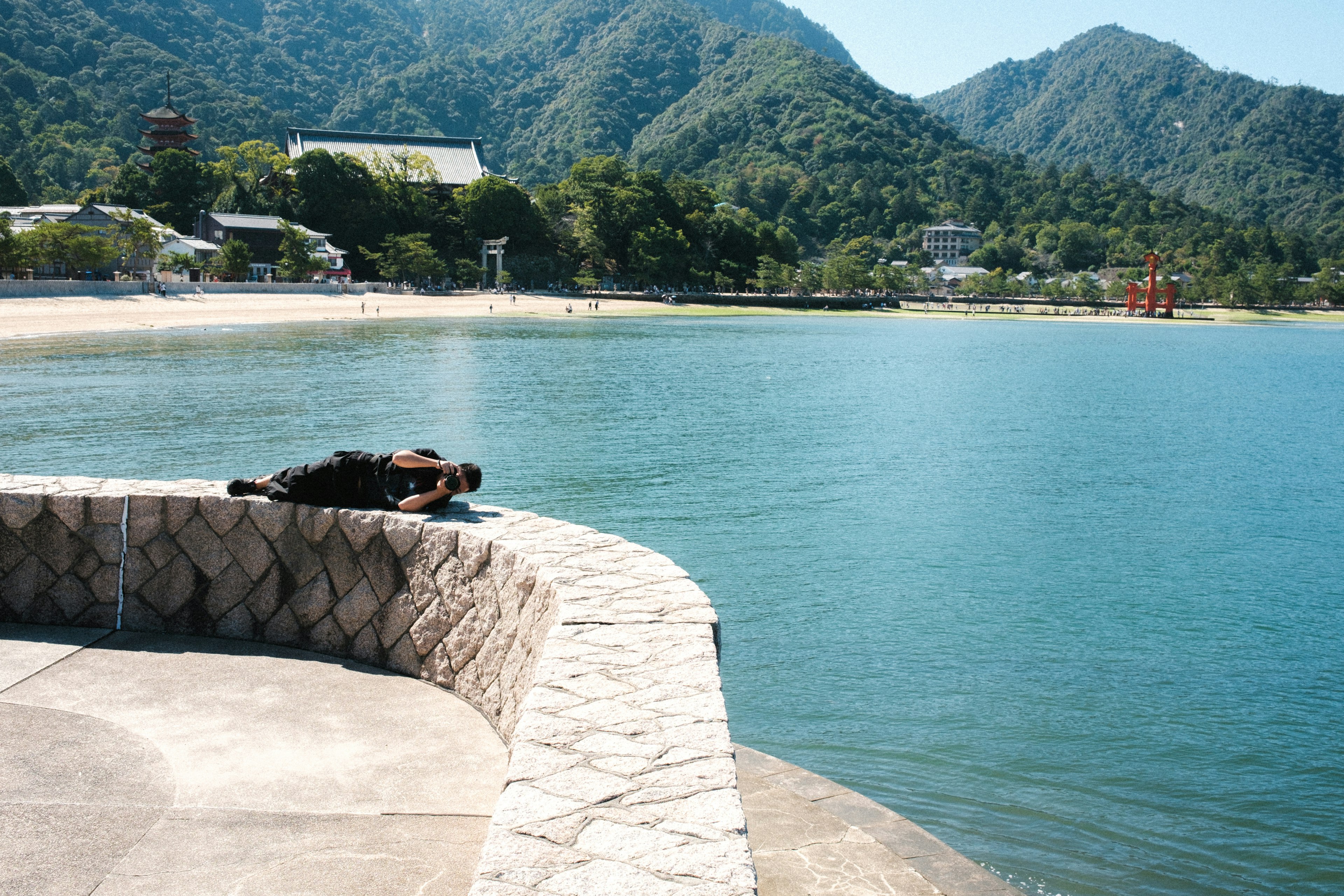 A serene coastal scene with a dog lying on a stone wall by the water