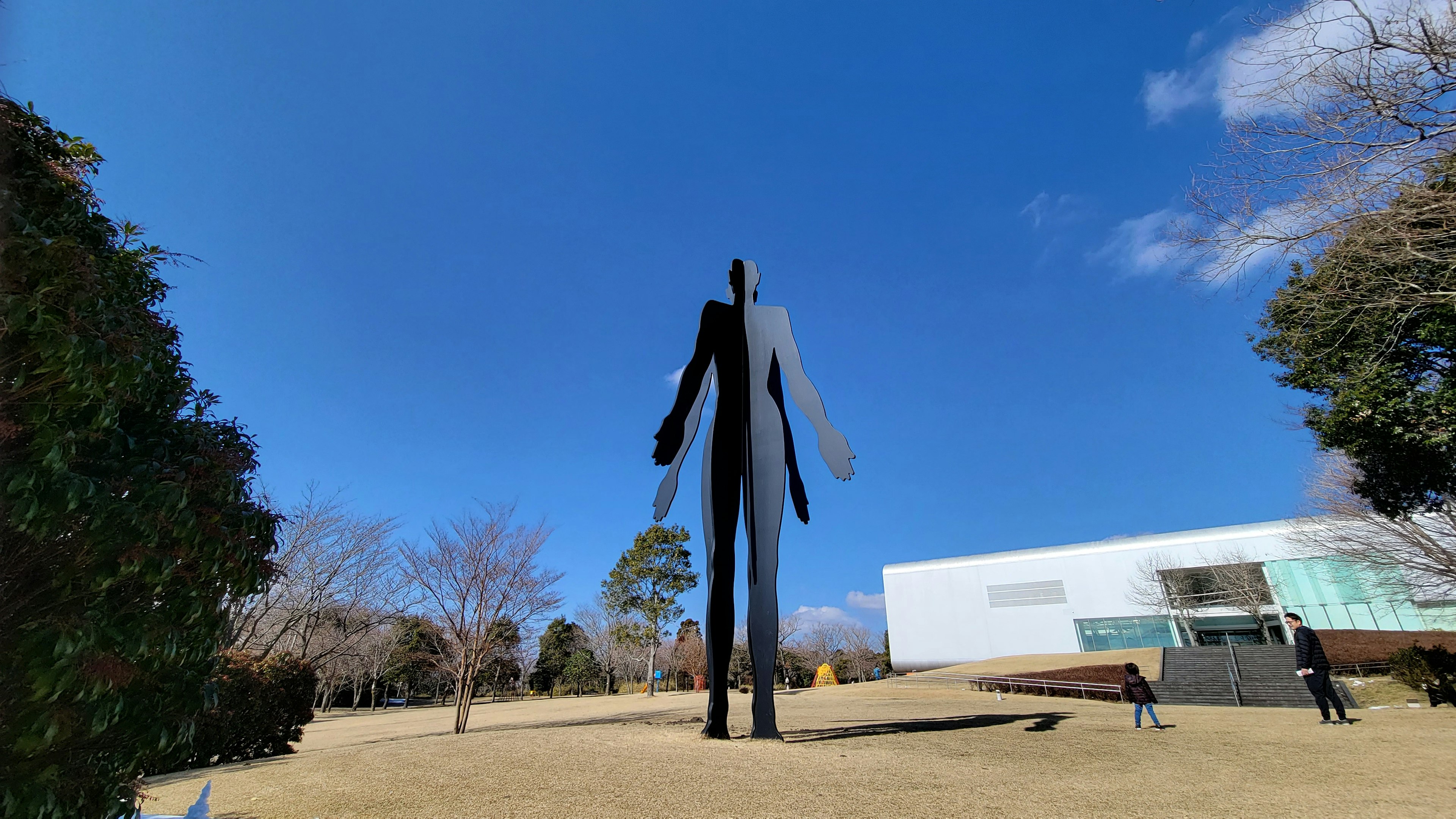 Eine große schwarze Skulptur steht in einem Park unter einem blauen Himmel