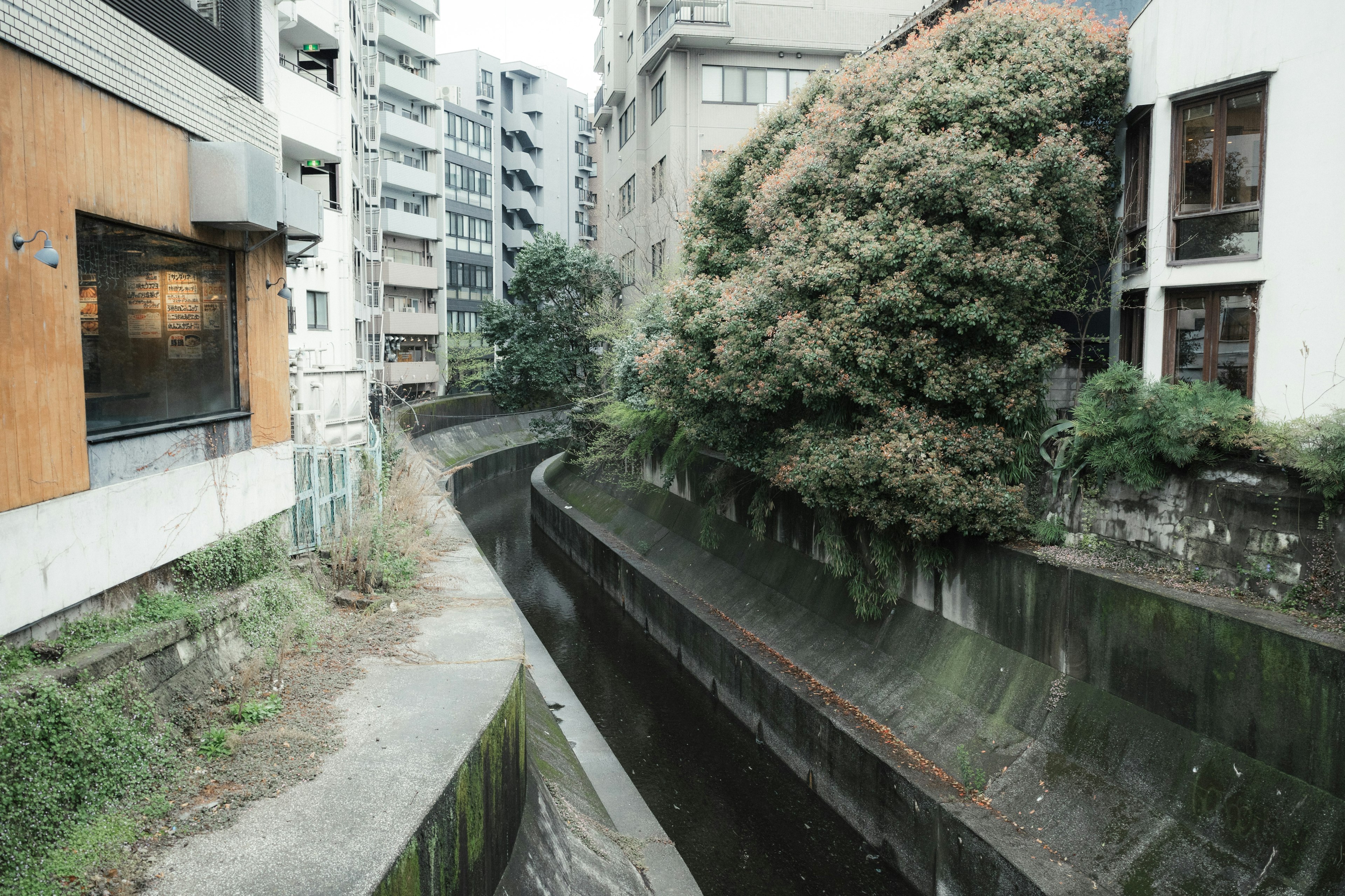 Urban landscape featuring a narrow canal and surrounding buildings