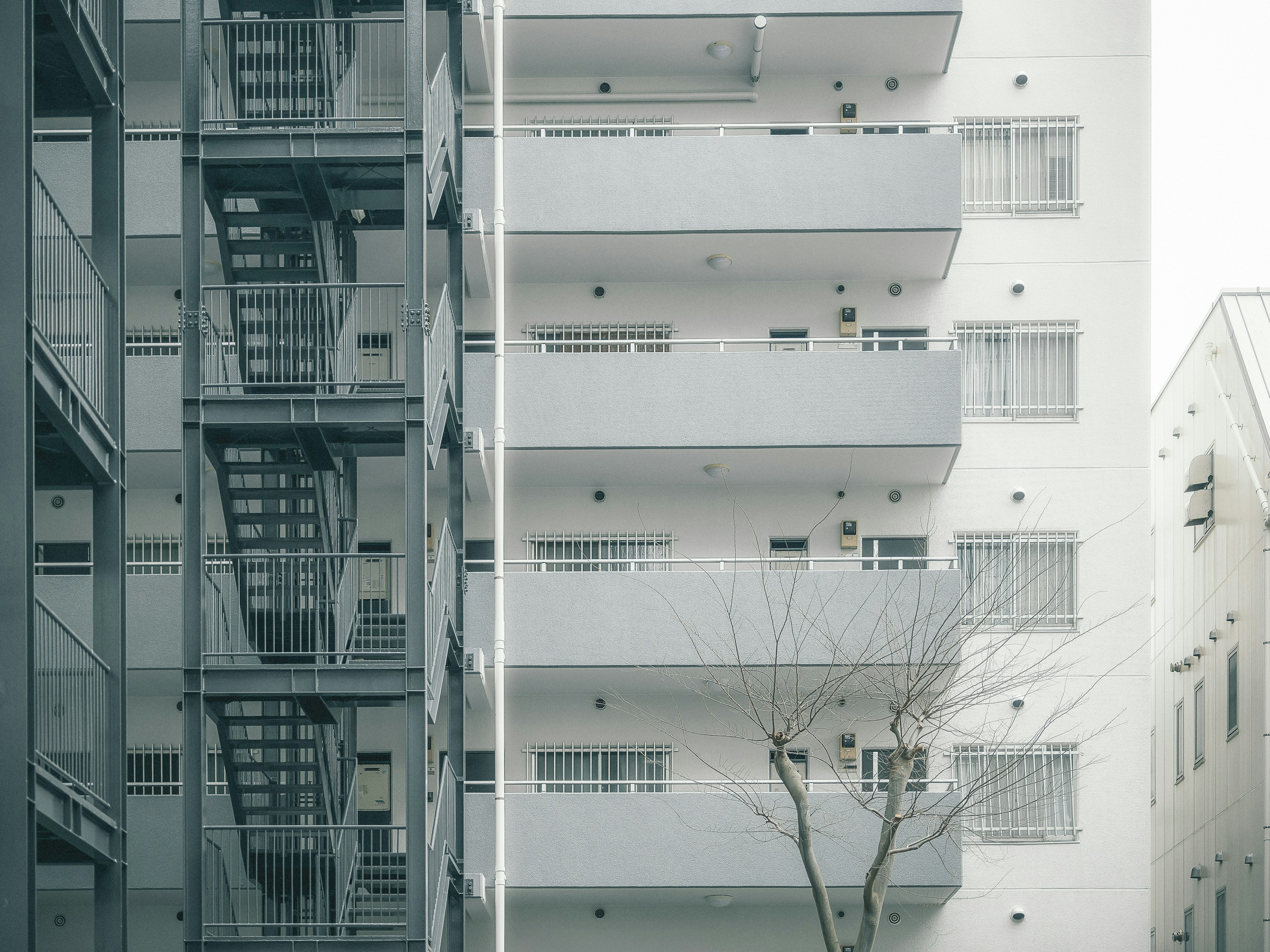 左侧是有楼梯的深色建筑，右侧是有阳台的浅色建筑的对比