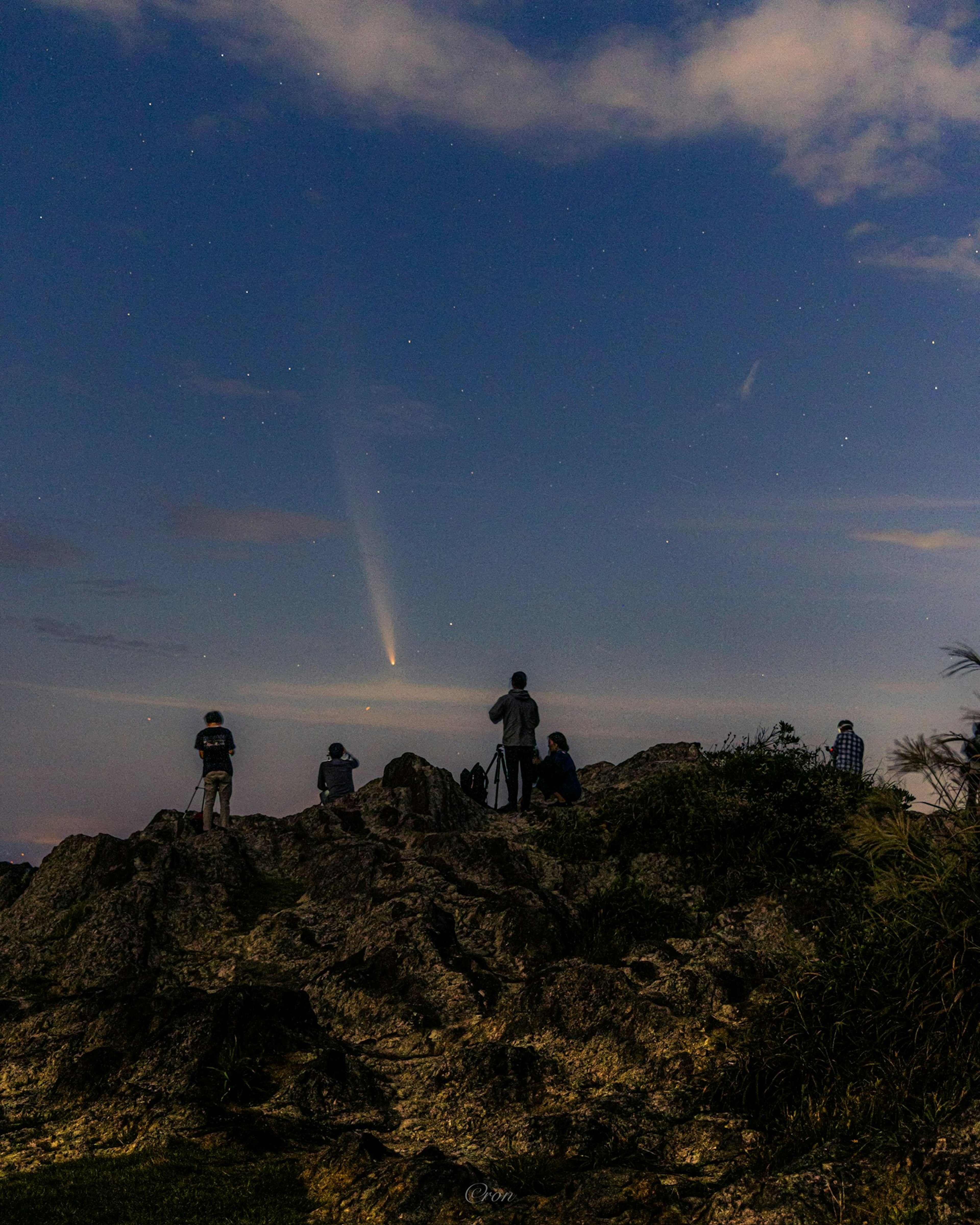 Siluetas de personas mirando una cometa en el cielo nocturno