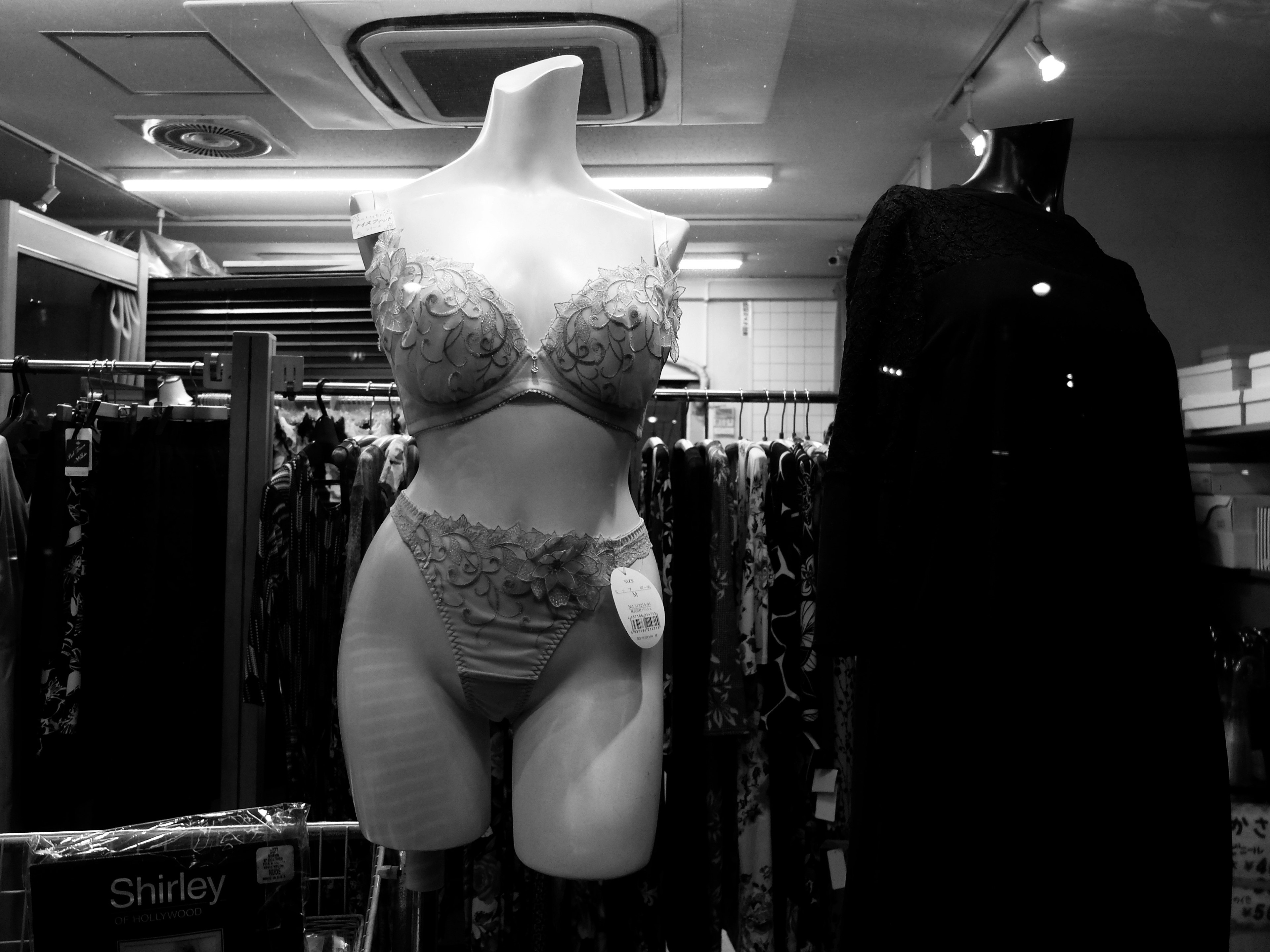 A black and white image of a mannequin wearing a bra and panties