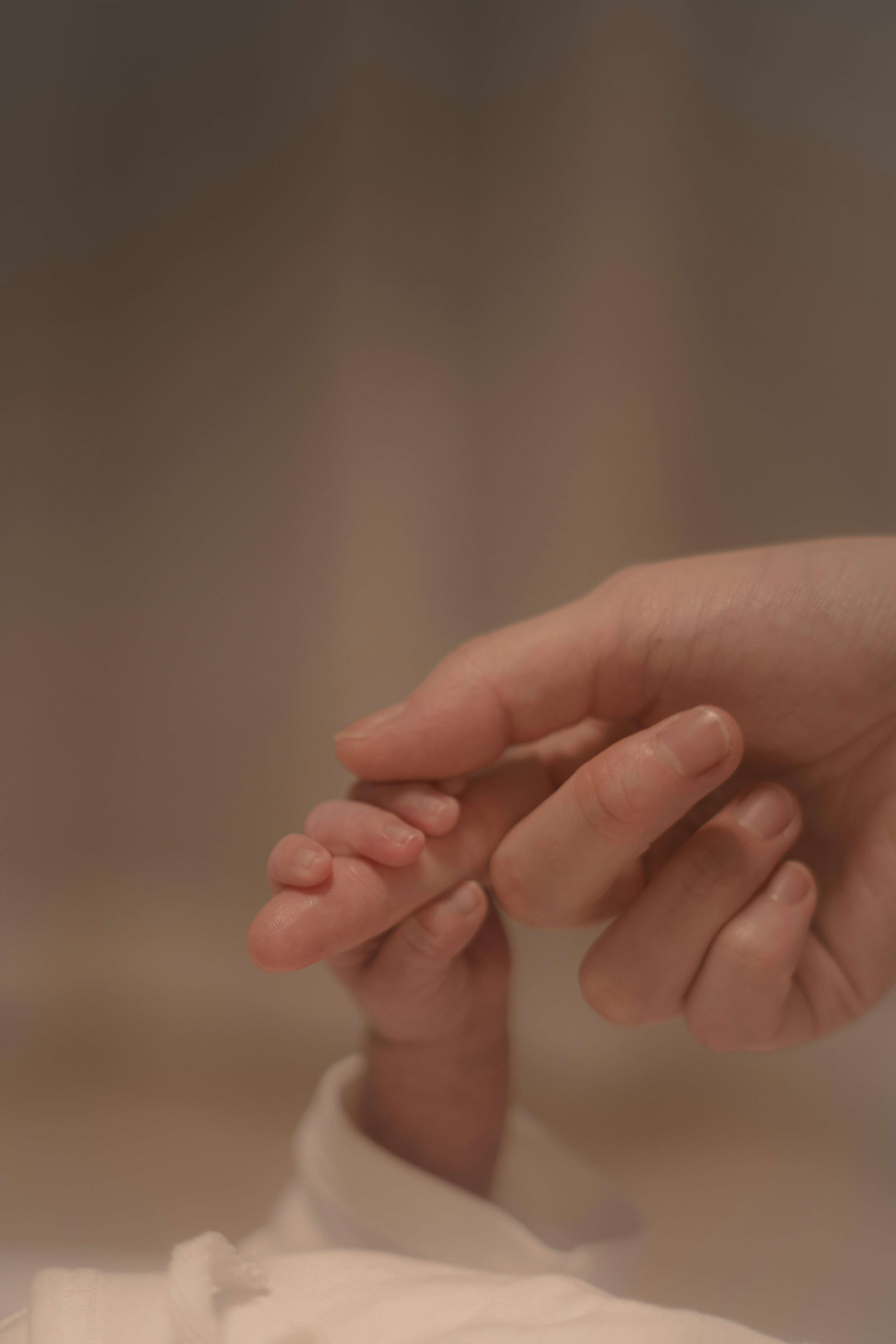 A baby’s tiny hand grasping an adult’s hand